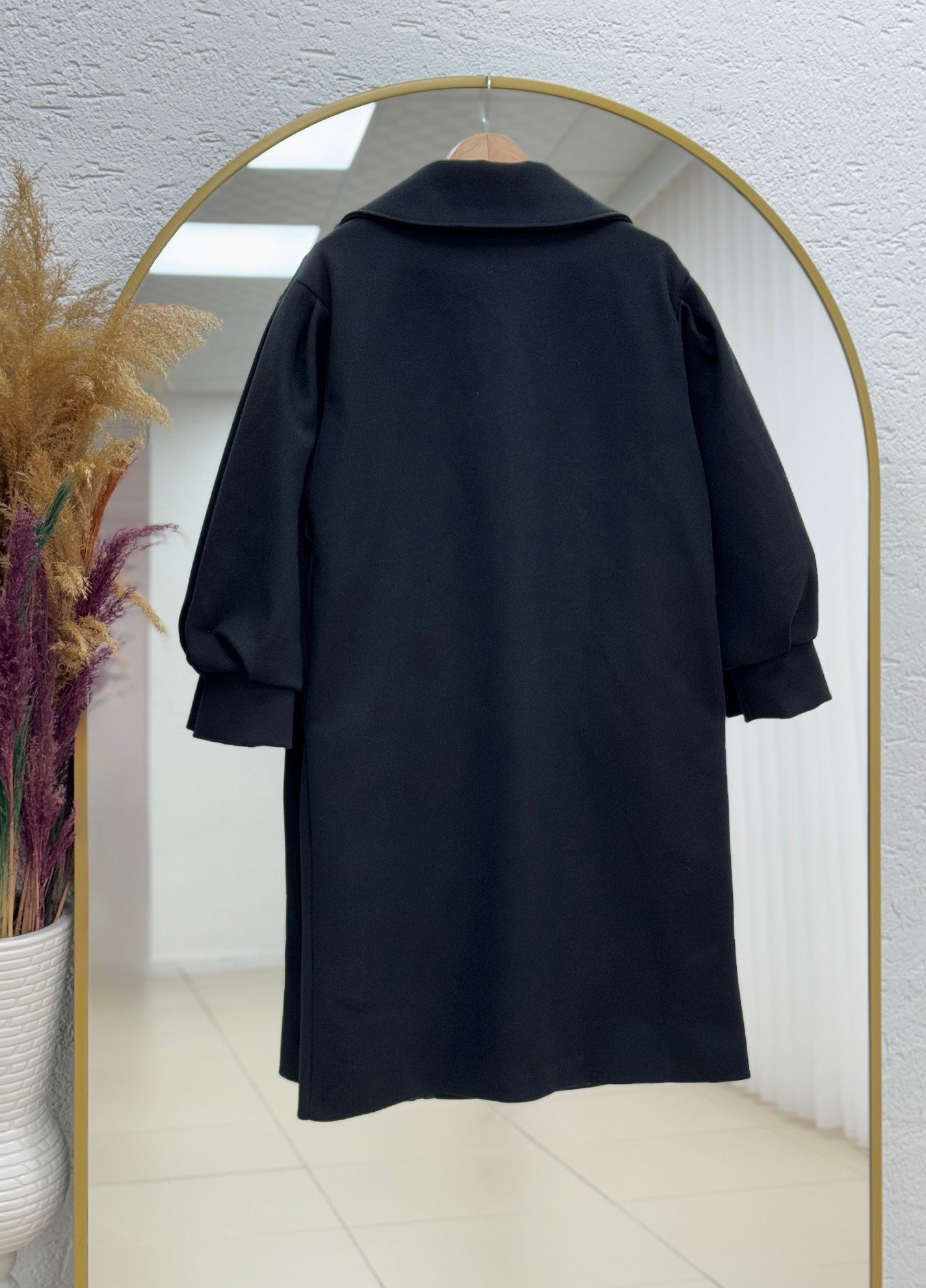 Basima Balon Kol Astarlı Düğmeli Kaşe Kaban-EK4114 Siyah