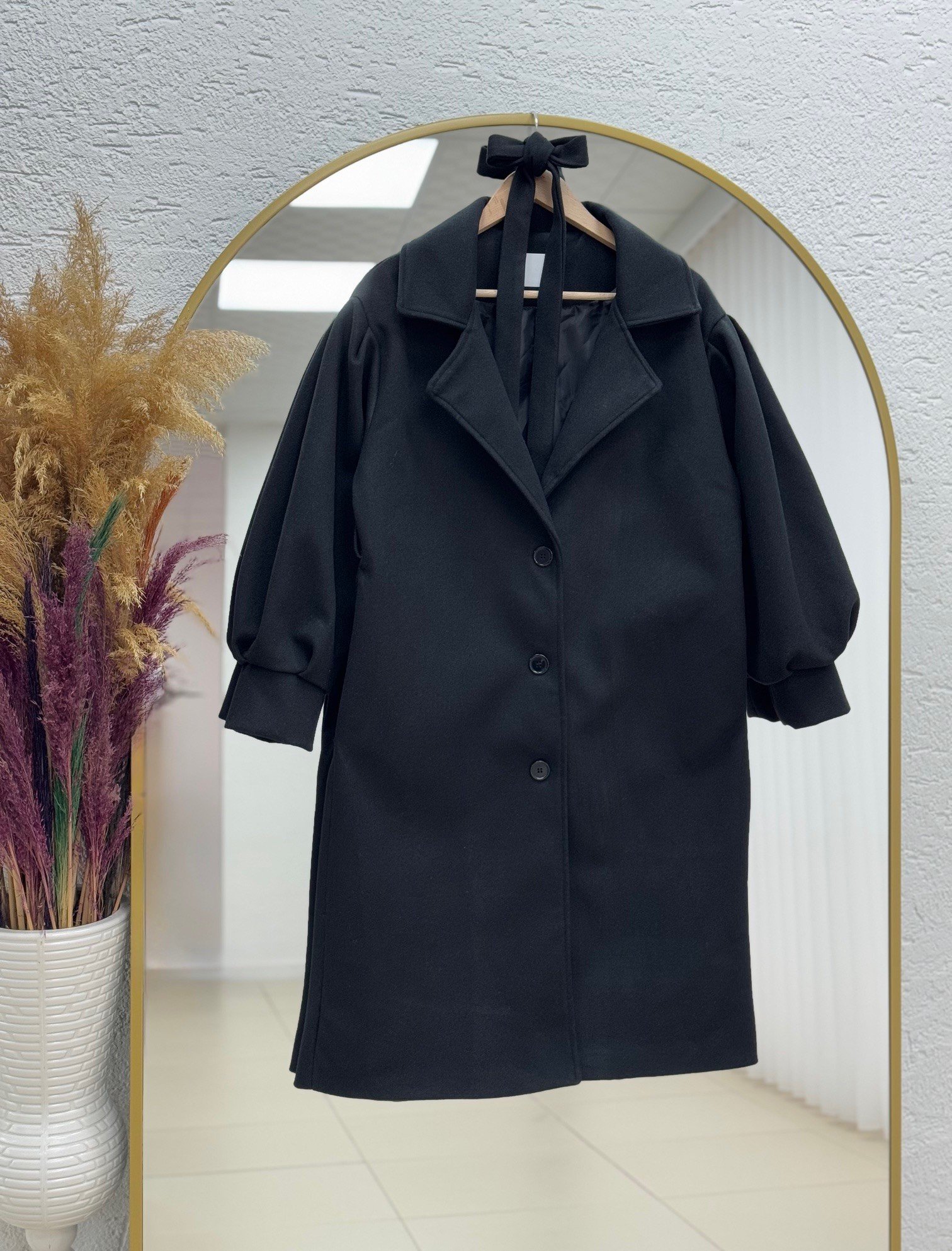 Basima Balon Kol Astarlı Düğmeli Kaşe Kaban-EK4114 Siyah