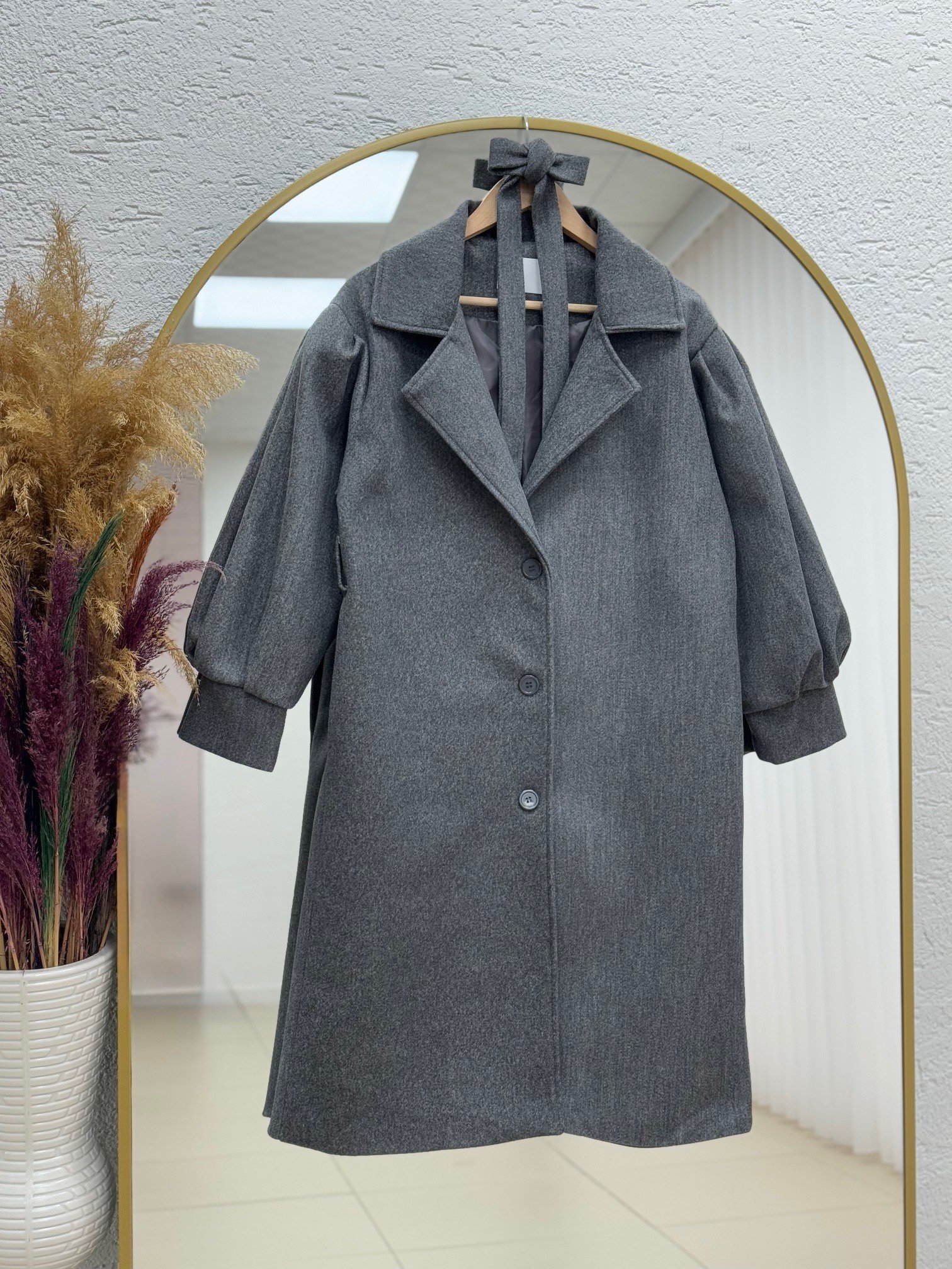 Basima Balon Kol Astarlı Düğmeli Kaşe Kaban-EK4114 Gri