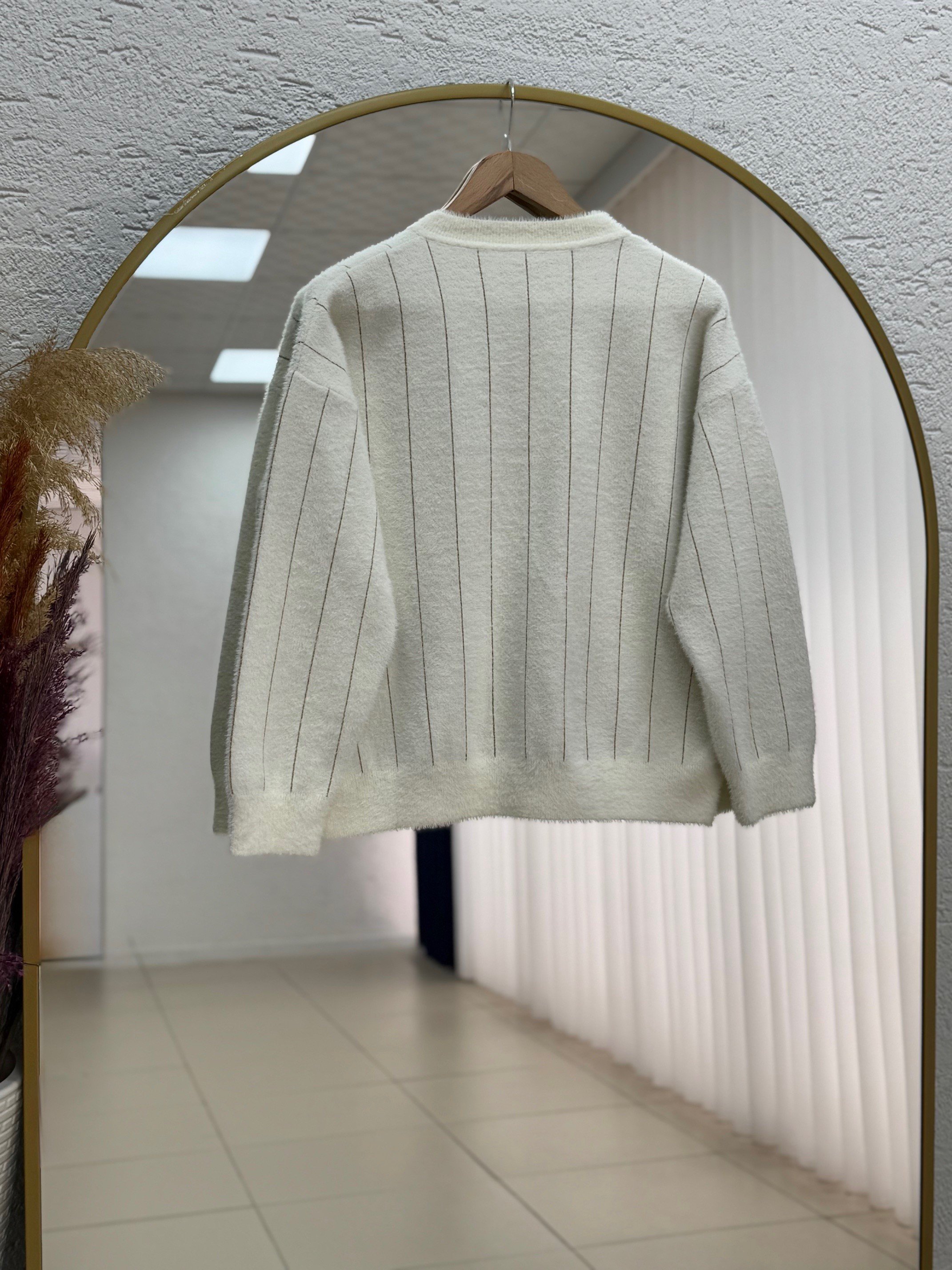 Baylee Gold Düğmeli Çizgili Sakallı Kısa Hırka-KR5042 Beyaz