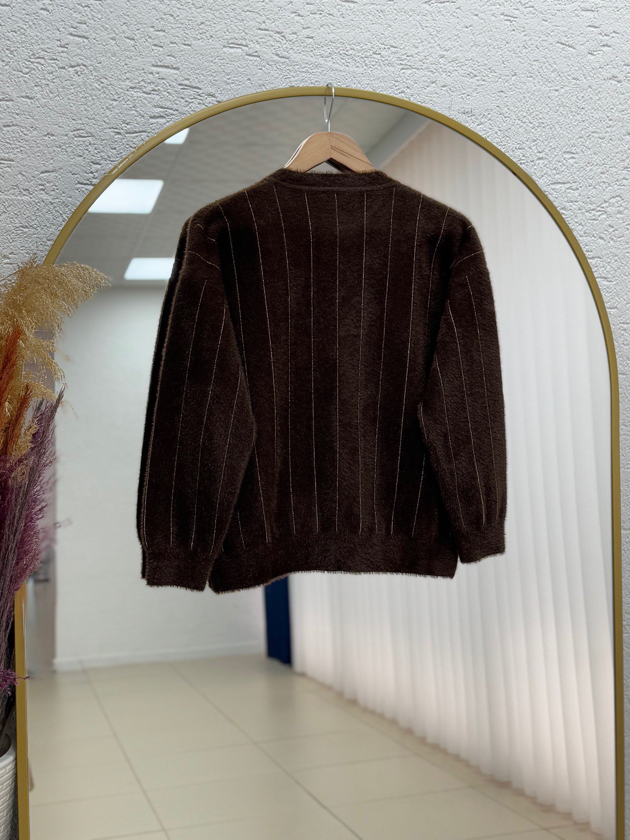 Baylee Gold Düğmeli Çizgili Sakallı Kısa Hırka-KR5042 Kahve