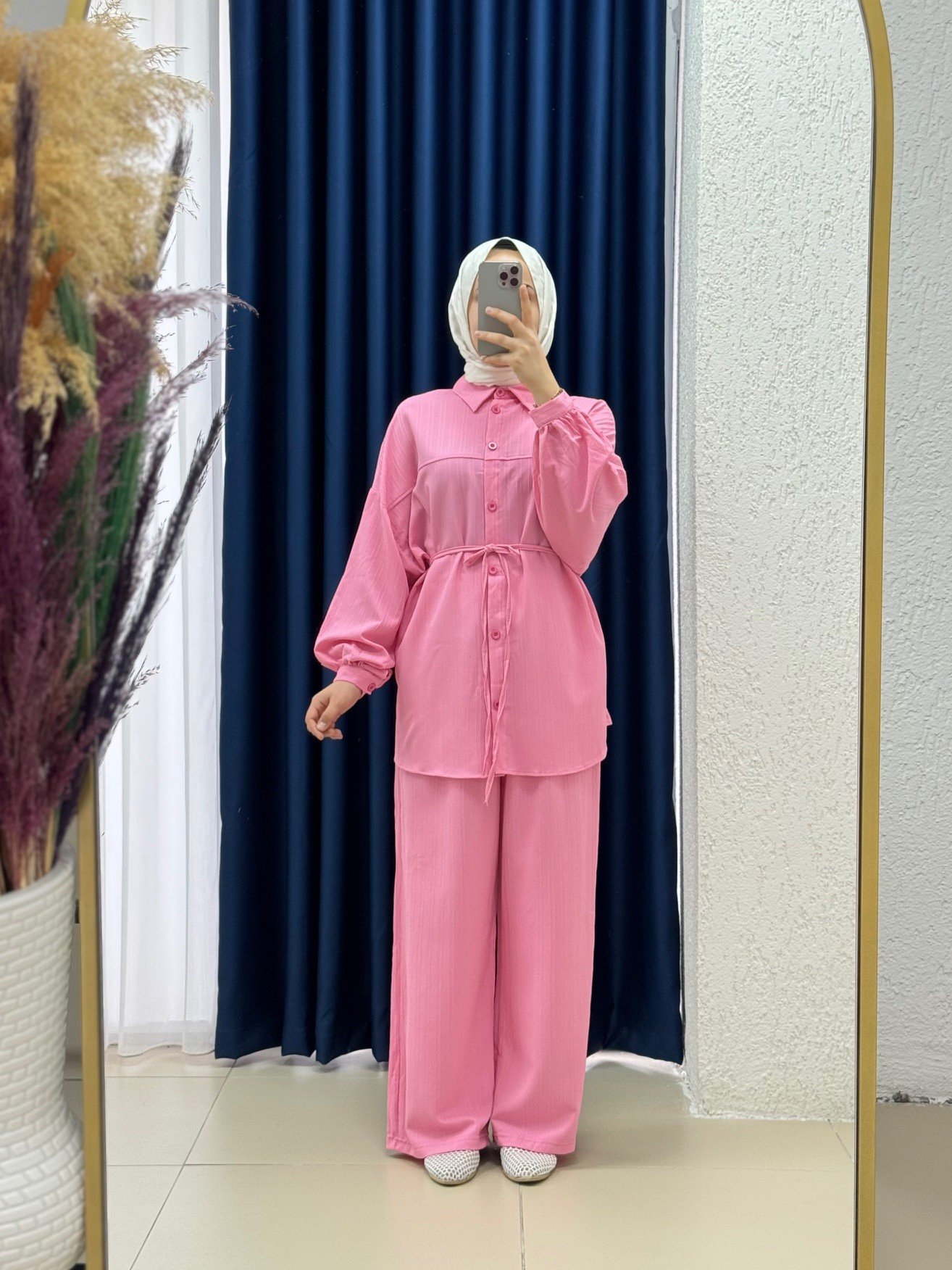 Behin Gömlek Önü Pervazlı Biyelii Dubai Pantolonlu Takım-EK-Z-480 Pembe