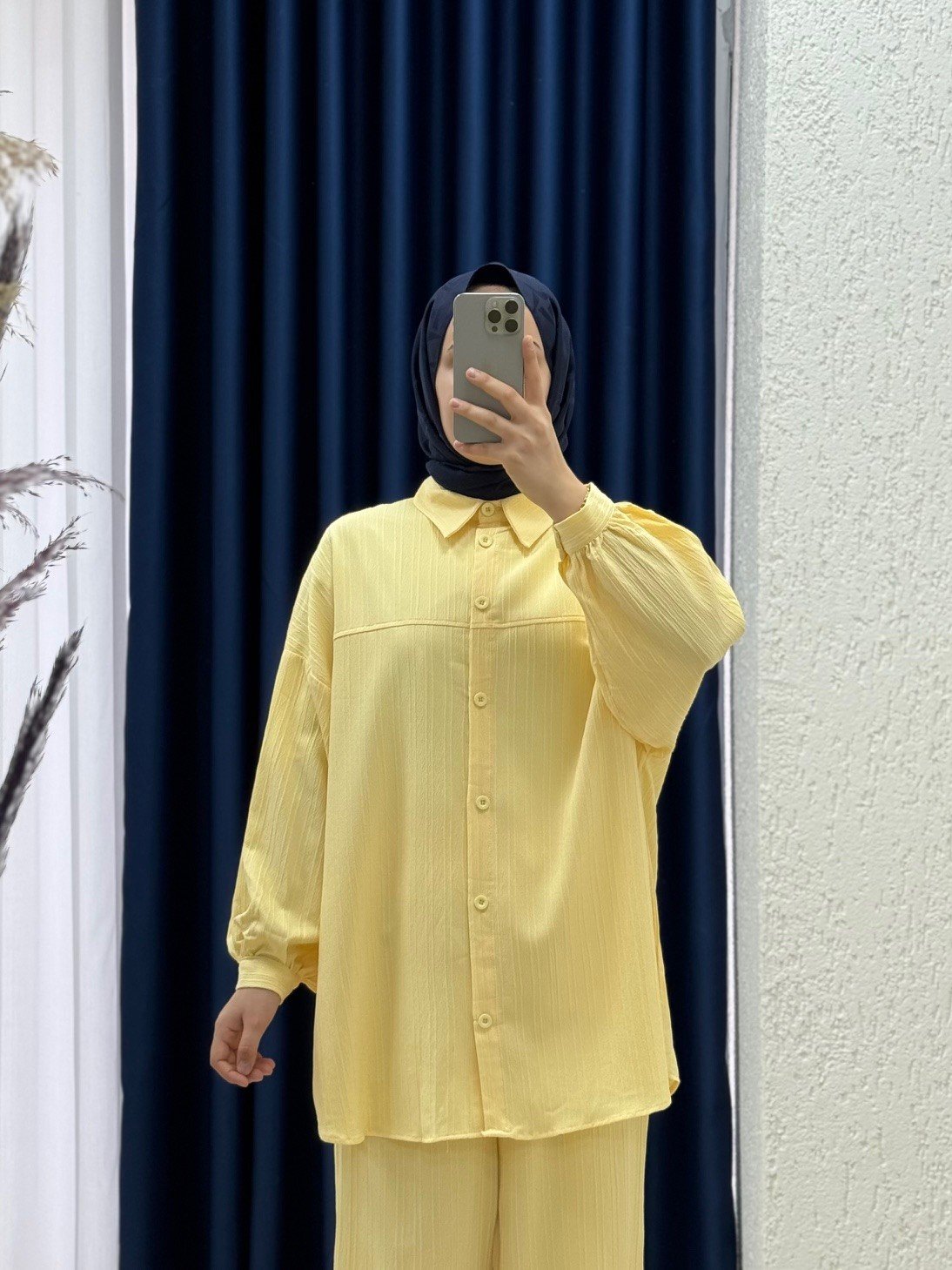 Behin Gömlek Önü Pervazlı Biyelii Dubai Pantolonlu Takım-EK-Z-480 Sarı