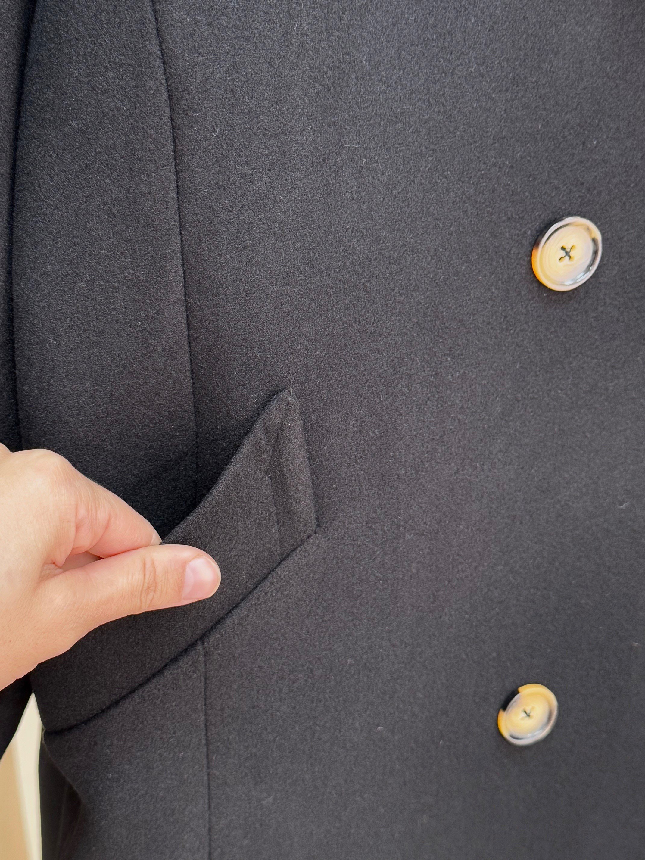 Camasya Kol Ucu Düğmeli Çift Cepli Kaşe Kaban-HE2901 Siyah