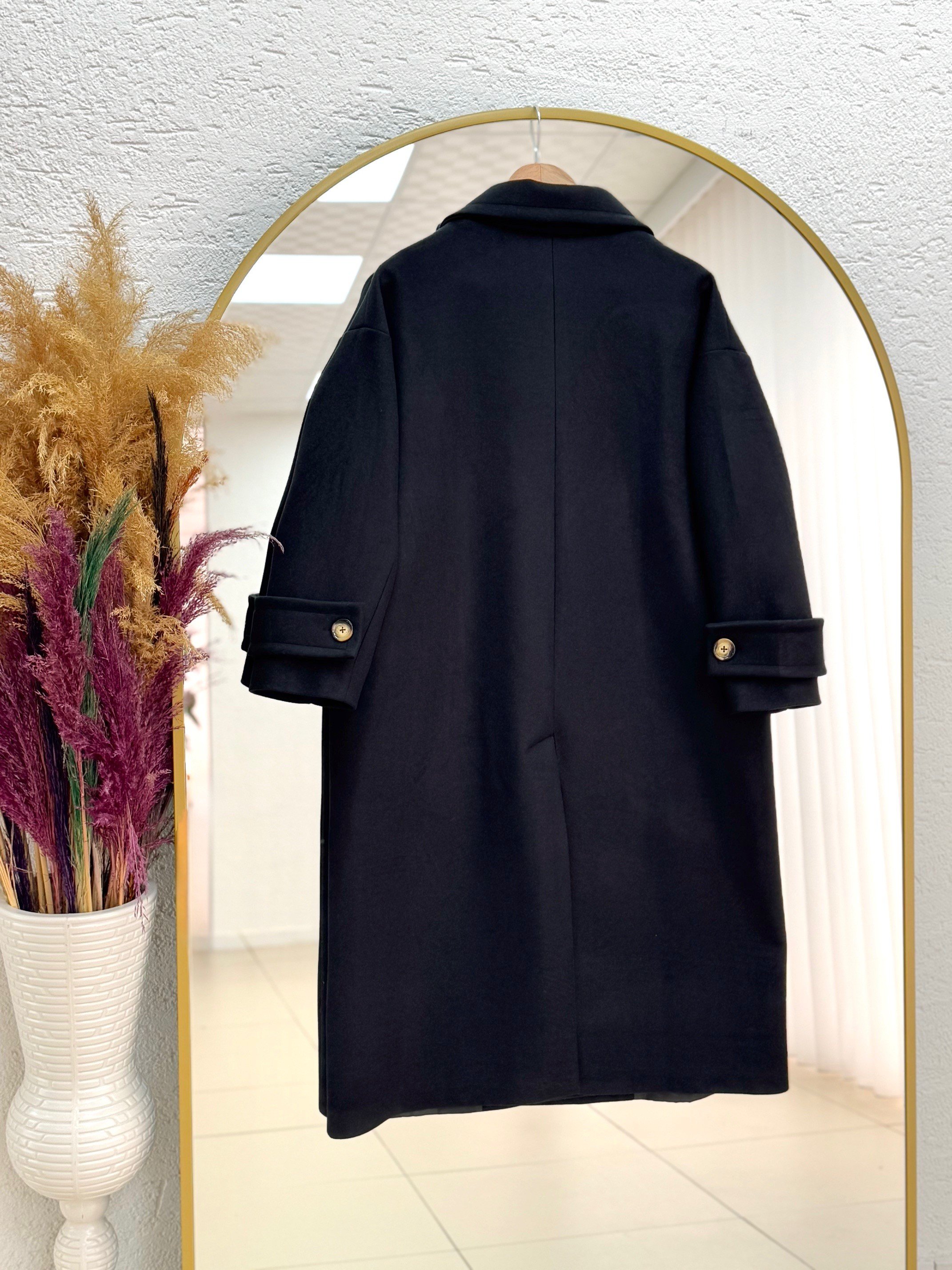 Camasya Kol Ucu Düğmeli Çift Cepli Kaşe Kaban-HE2901 Siyah