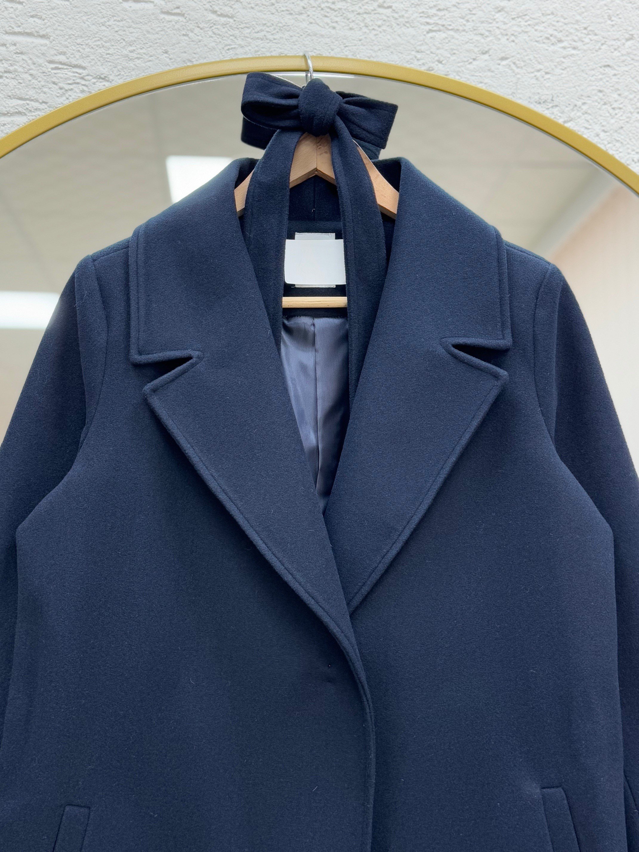 Camesia Çift Cepli Kemerli Kaşe Kaban-BR7759 Lacivert