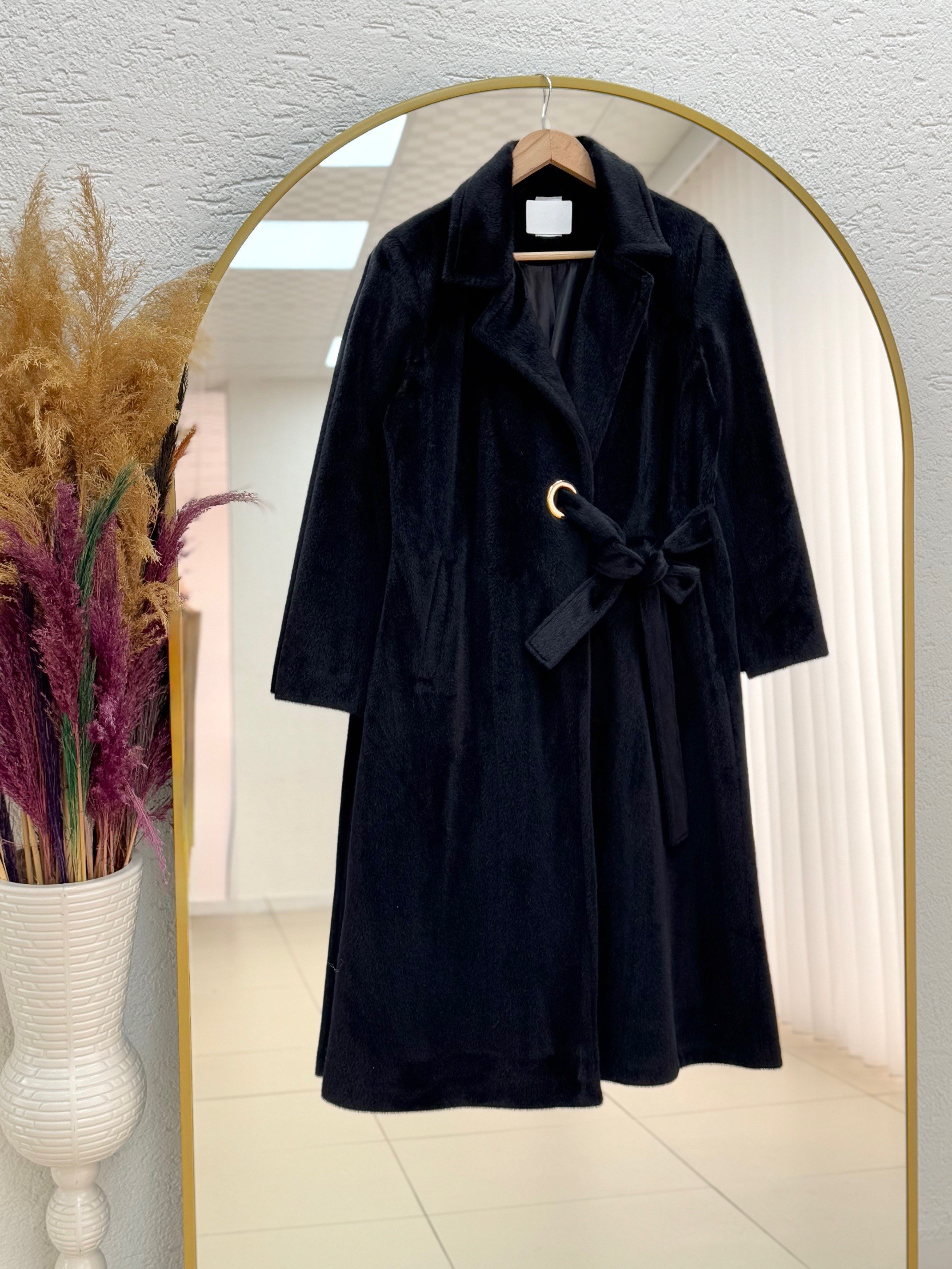 Cametta Kruvaze Yaka Blok Kemer Geçişli Kaban-BR70025 Siyah