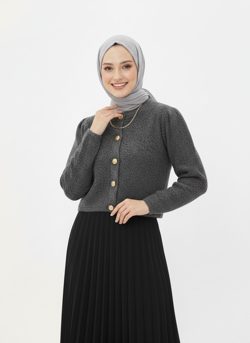 Camuna Gold Düğmeli Mini Peluş Hırka-Zİ5558 Antrasit