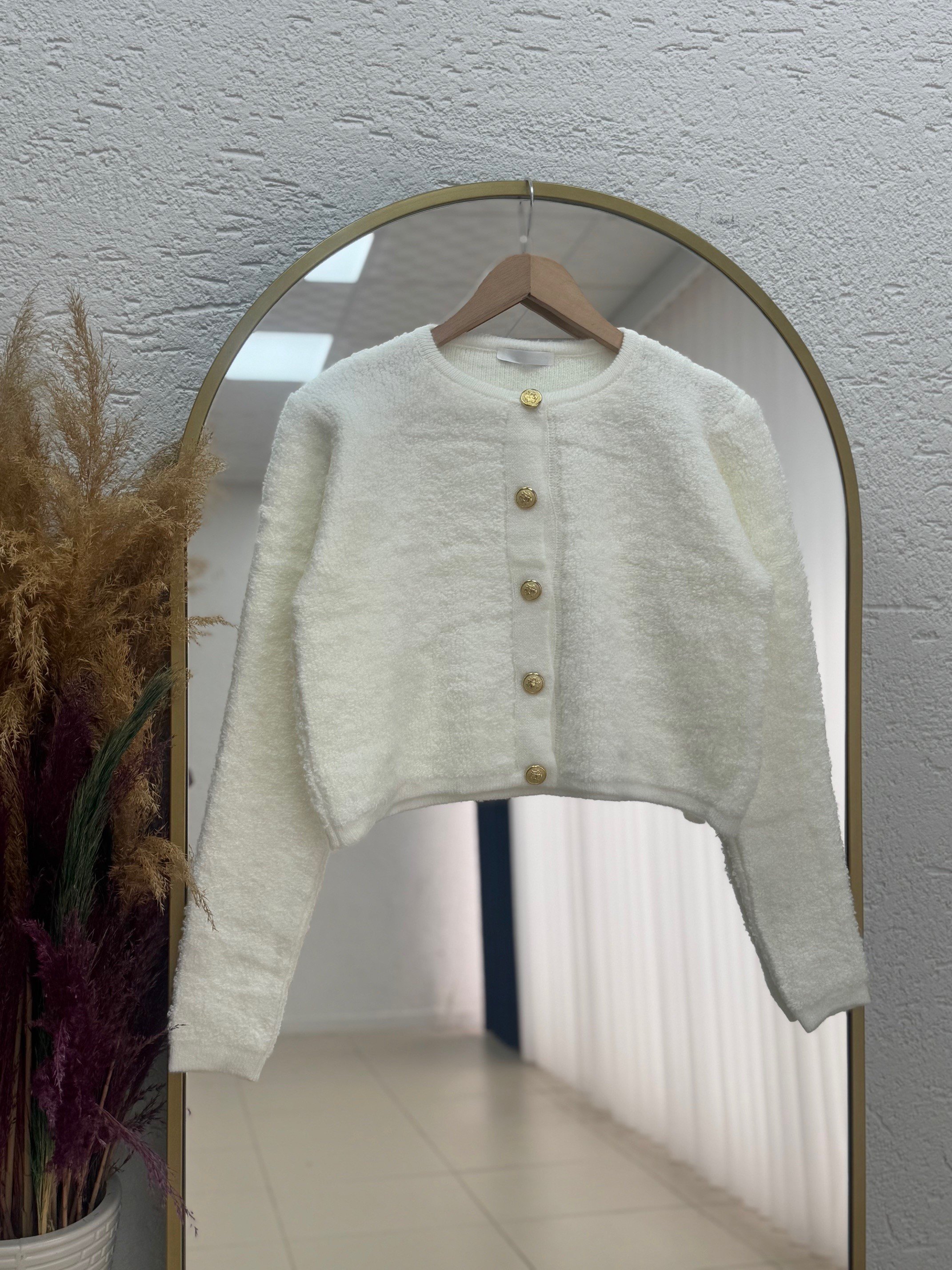 Camuna Gold Düğmeli Mini Peluş Hırka-Zİ5558 Beyaz