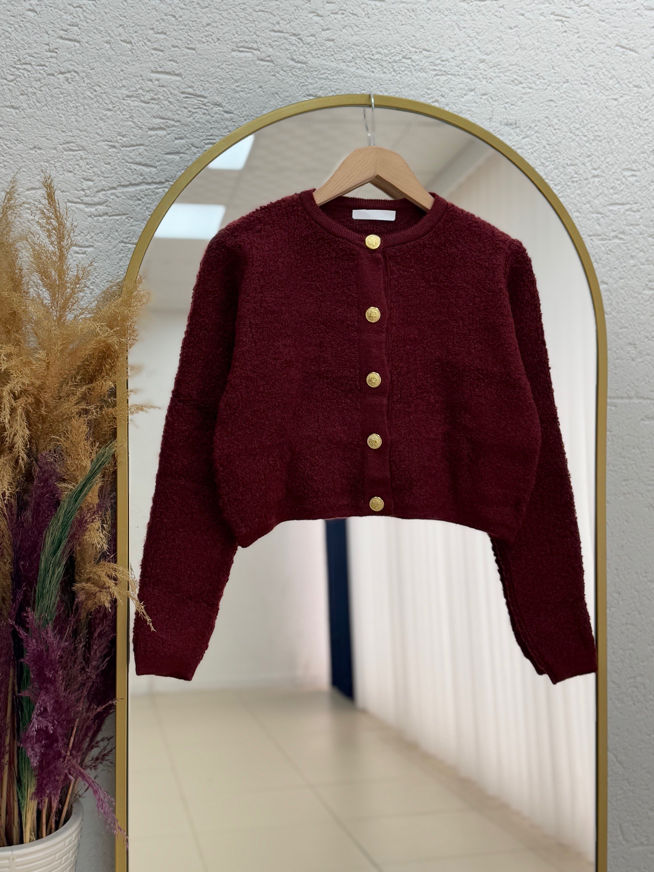 Camuna Gold Düğmeli Mini Peluş Hırka-Zİ5558 Bordo