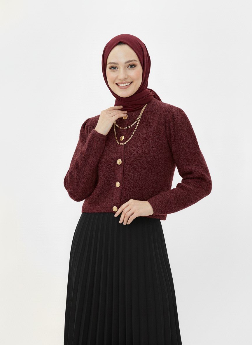 Camuna Gold Düğmeli Mini Peluş Hırka-Zİ5558 Bordo