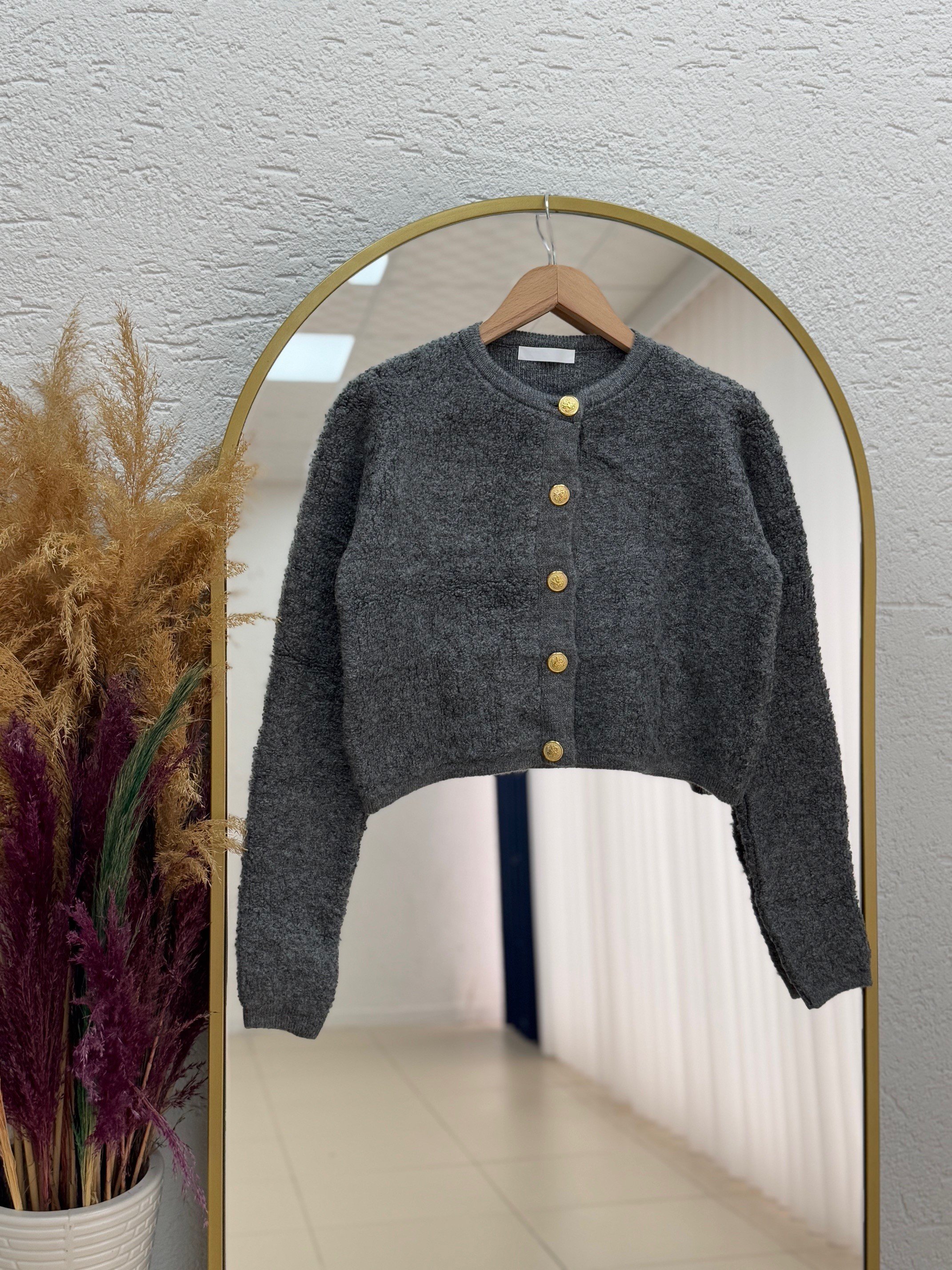 Camuna Gold Düğmeli Mini Peluş Hırka-Zİ5558 Antrasit