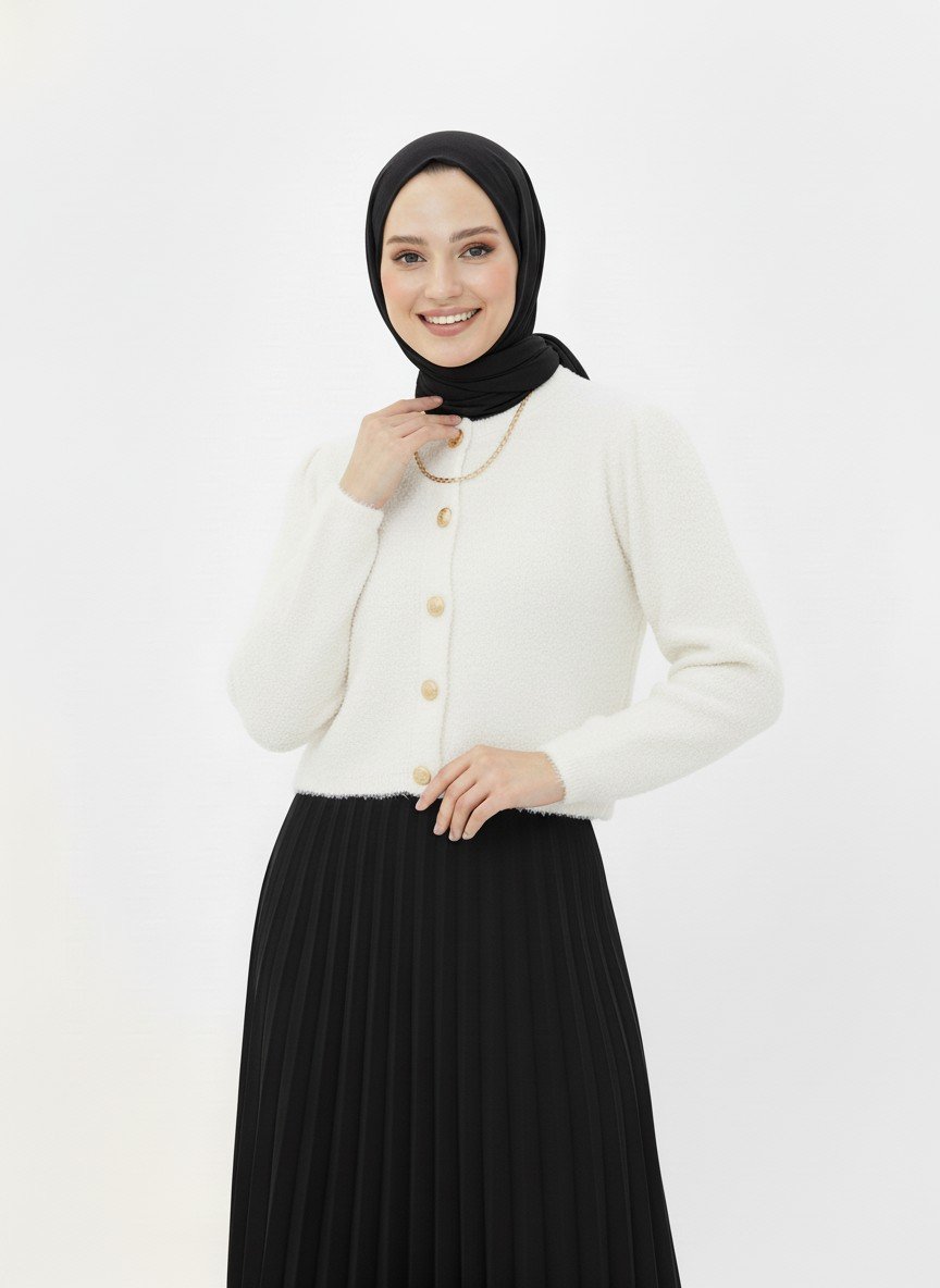 Camuna Gold Düğmeli Mini Peluş Hırka-Zİ5558 Beyaz