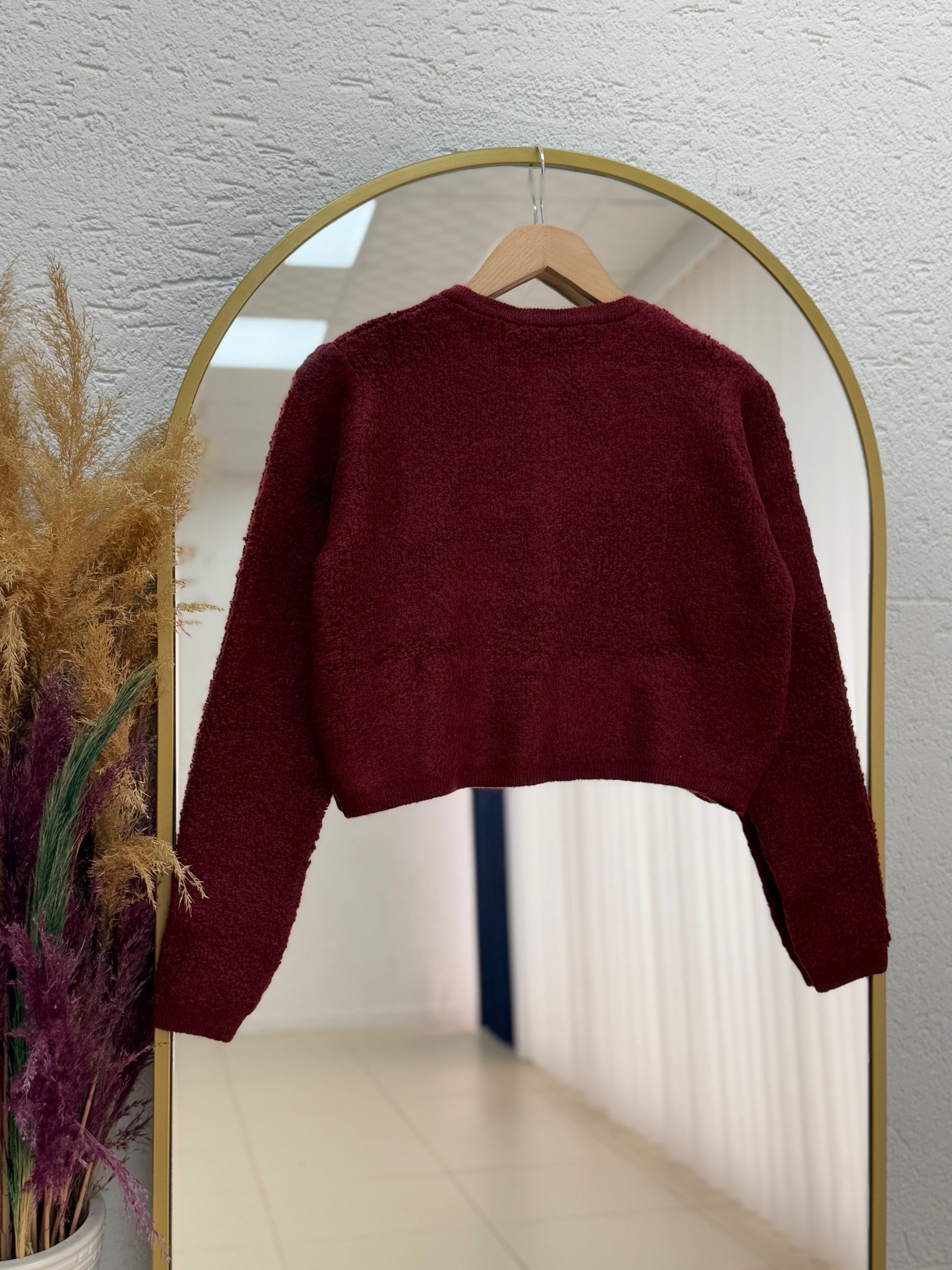 Camuna Gold Düğmeli Mini Peluş Hırka-Zİ5558 Bordo