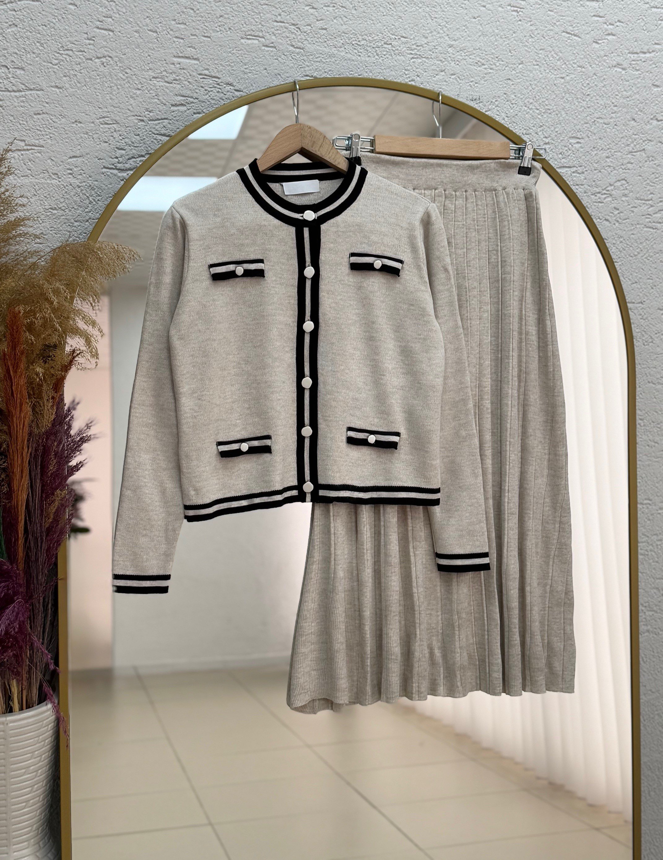 Capita 4 Cep Detaylı Çizgili Eteği Piliseli Takım-KR5001 Taş