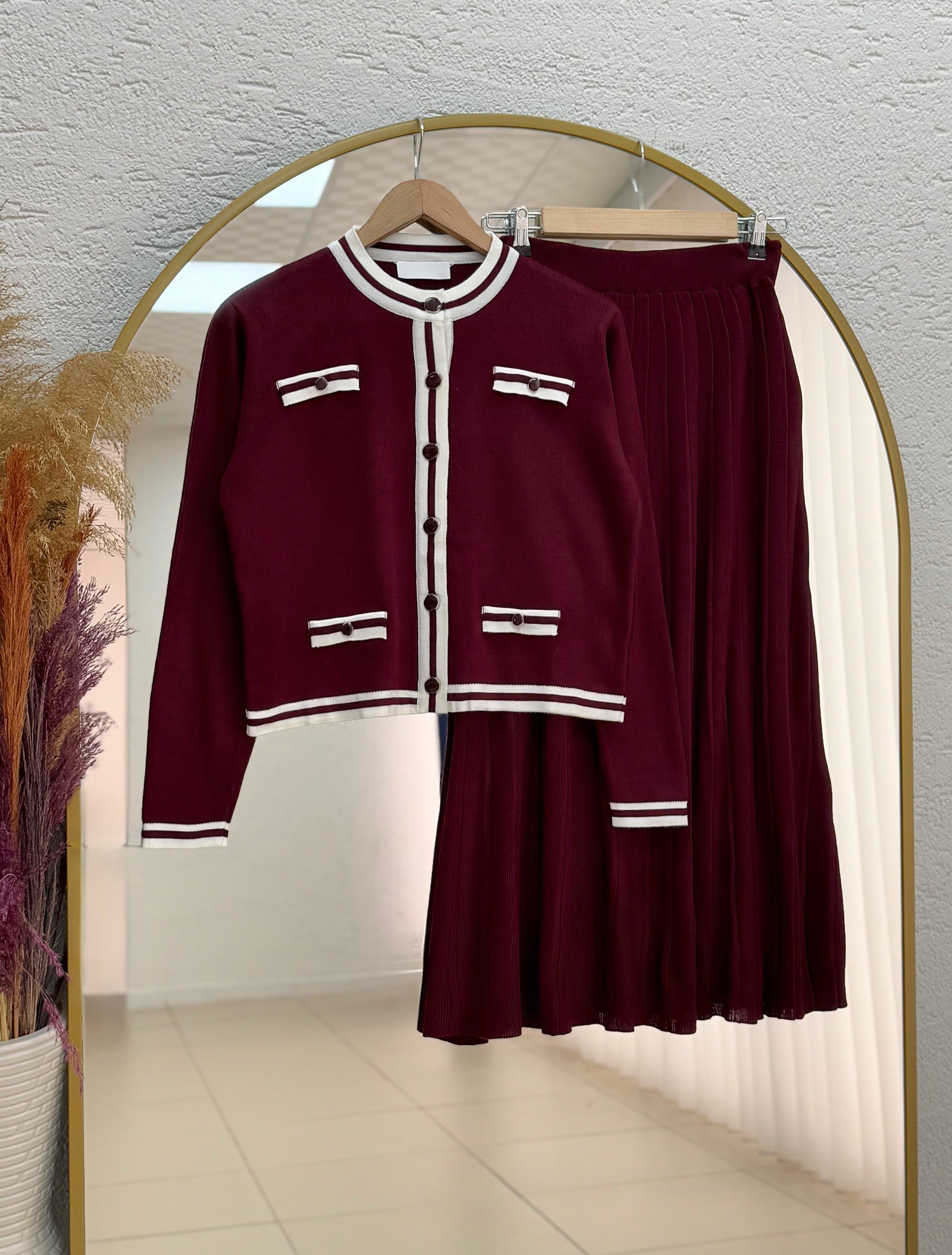 Capita 4 Cep Detaylı Çizgili Eteği Piliseli Takım-KR5001 Bordo