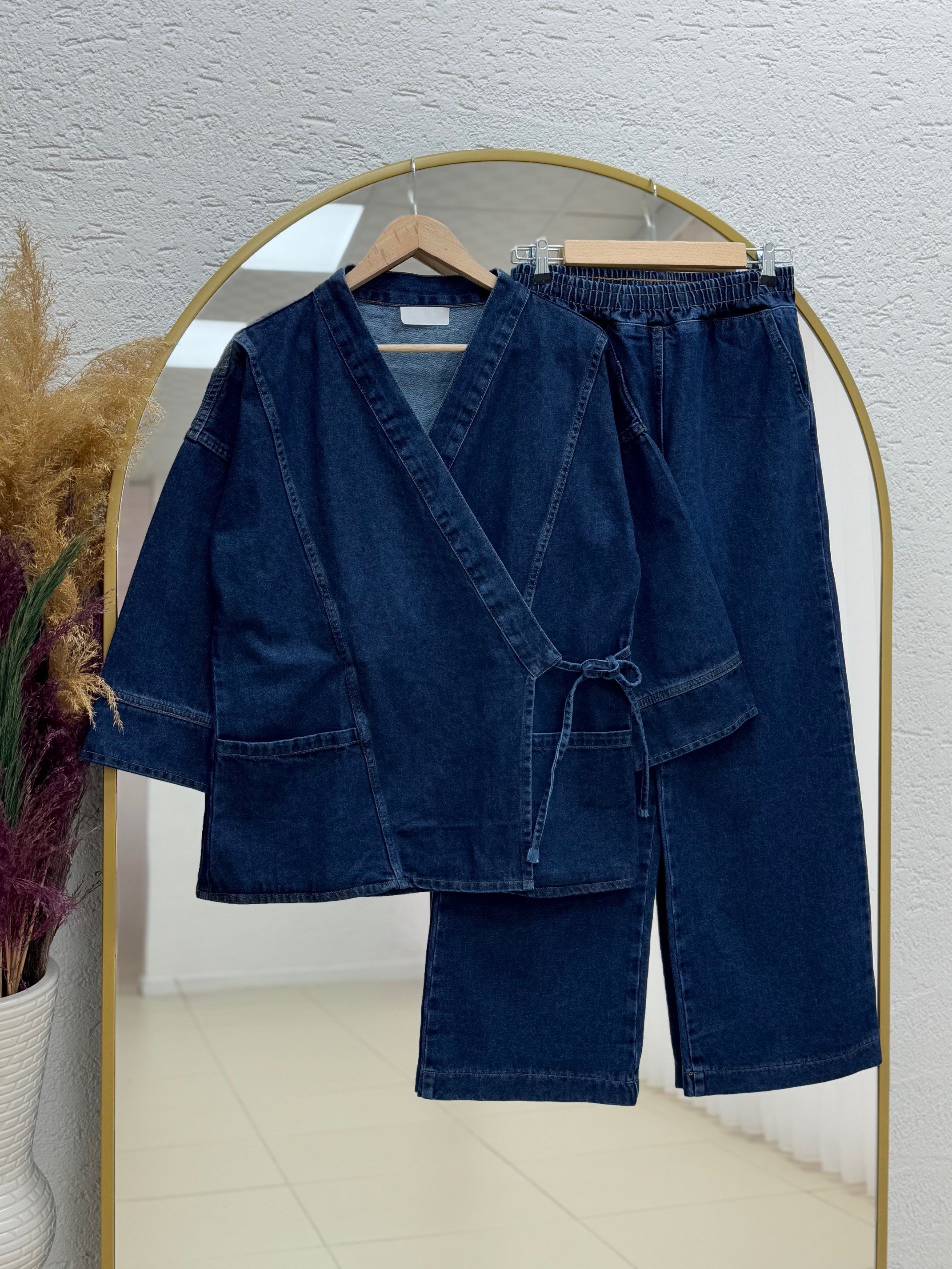 Capuna Yandan Bağlamalı Çapraz Geçişli Pantolonlu Kot Takım-LS7410 Kot Rengi