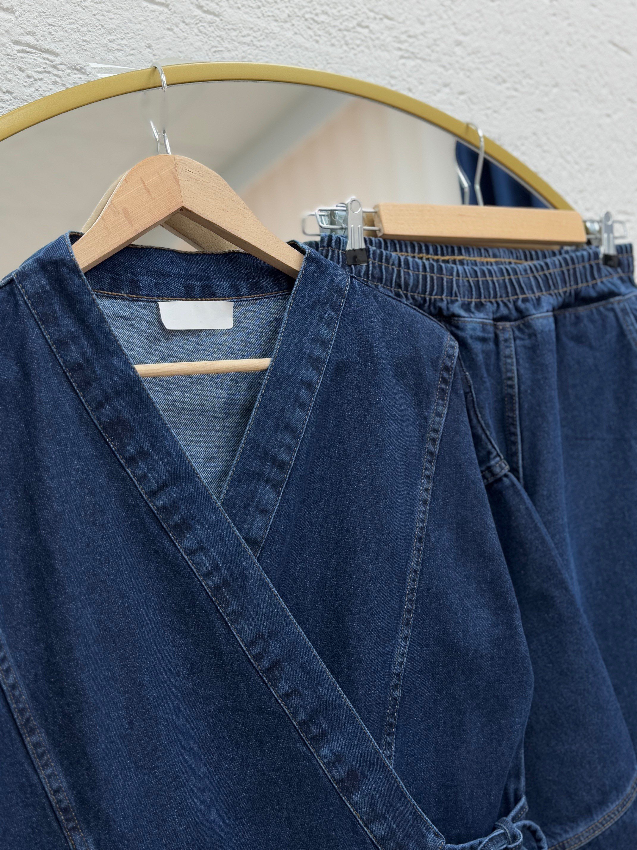 Capuna Yandan Bağlamalı Çapraz Geçişli Pantolonlu Kot Takım-LS7410 Kot Rengi
