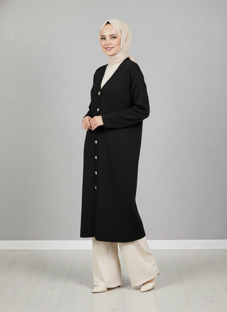 Celique Gold Düğmeli Uzun Triko Hırka-KR5014 Siyah