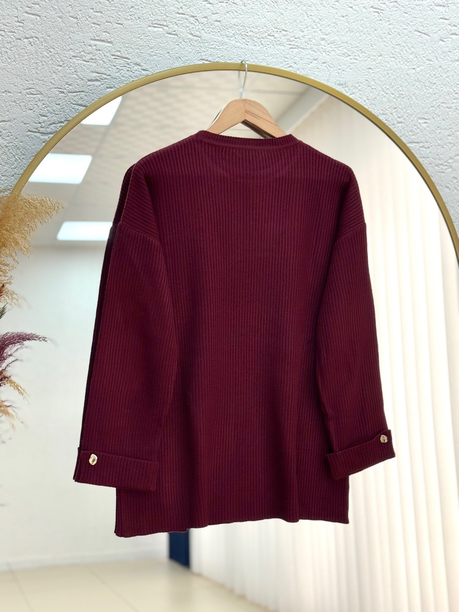 Celuna Kol Ucu Ve Önü Düğmeli Yırtmaçlı Triko Tunik-KR5005 Bordo