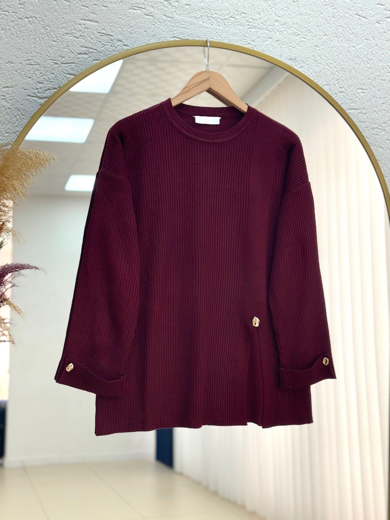 Celuna Kol Ucu Ve Önü Düğmeli Yırtmaçlı Triko Tunik-KR5005 Bordo