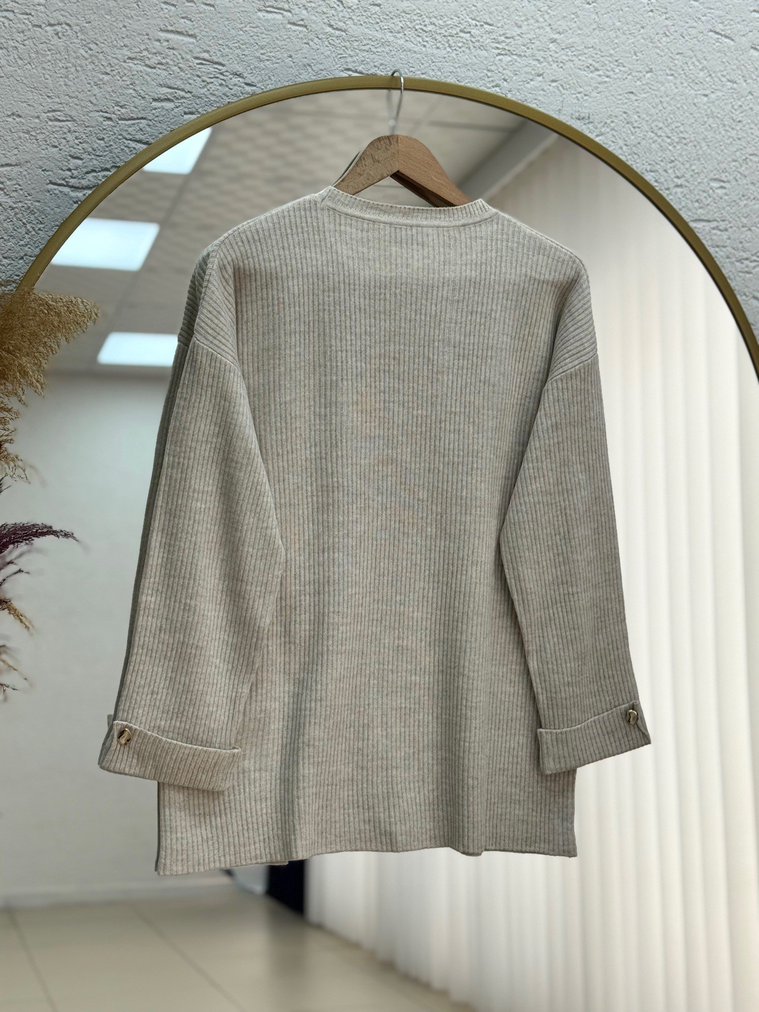 Celuna Kol Ucu Ve Önü Düğmeli Yırtmaçlı Triko Tunik-KR5005 Taş