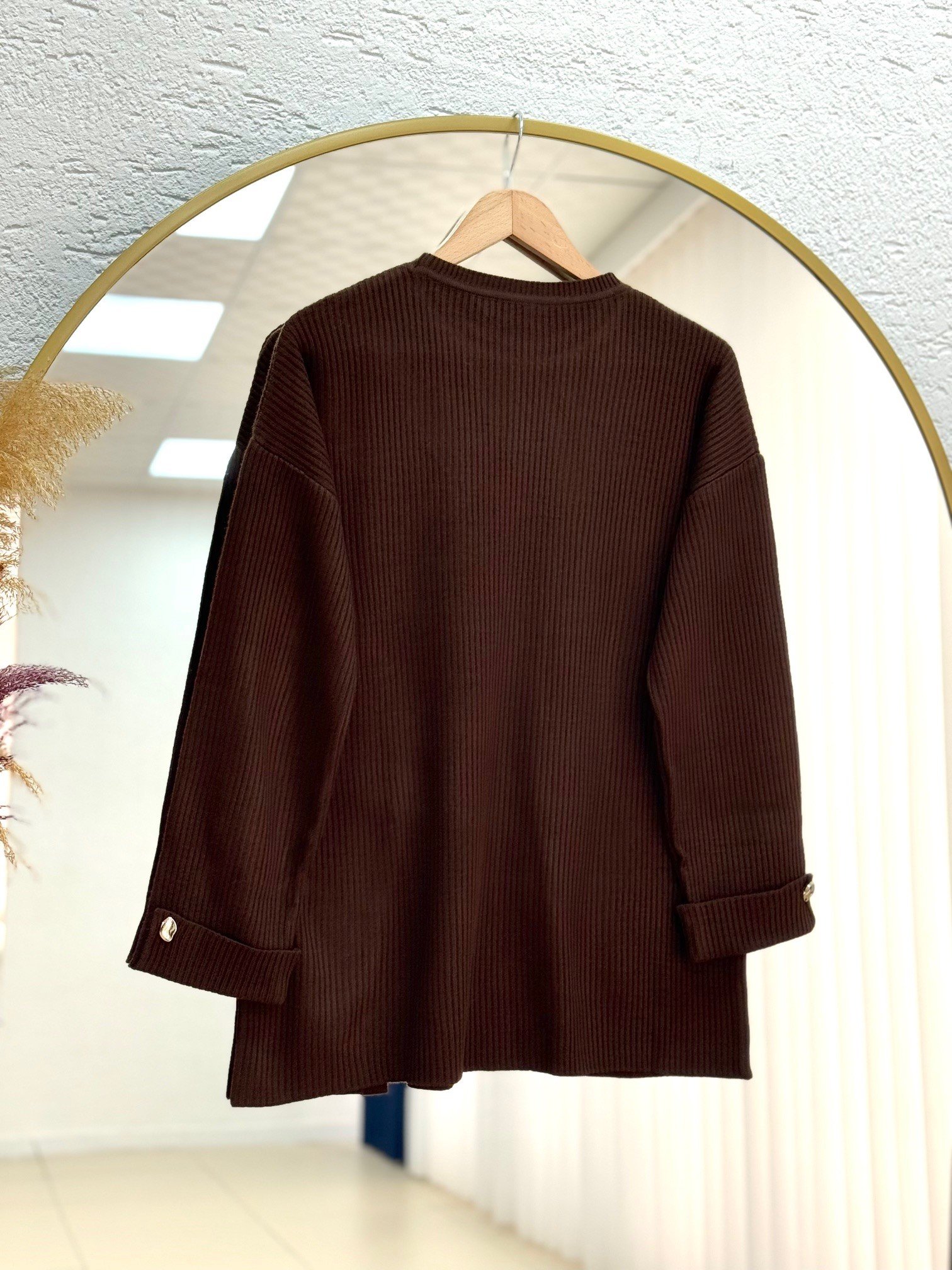 Celuna Kol Ucu Ve Önü Düğmeli Yırtmaçlı Triko Tunik-KR5005 Kahve