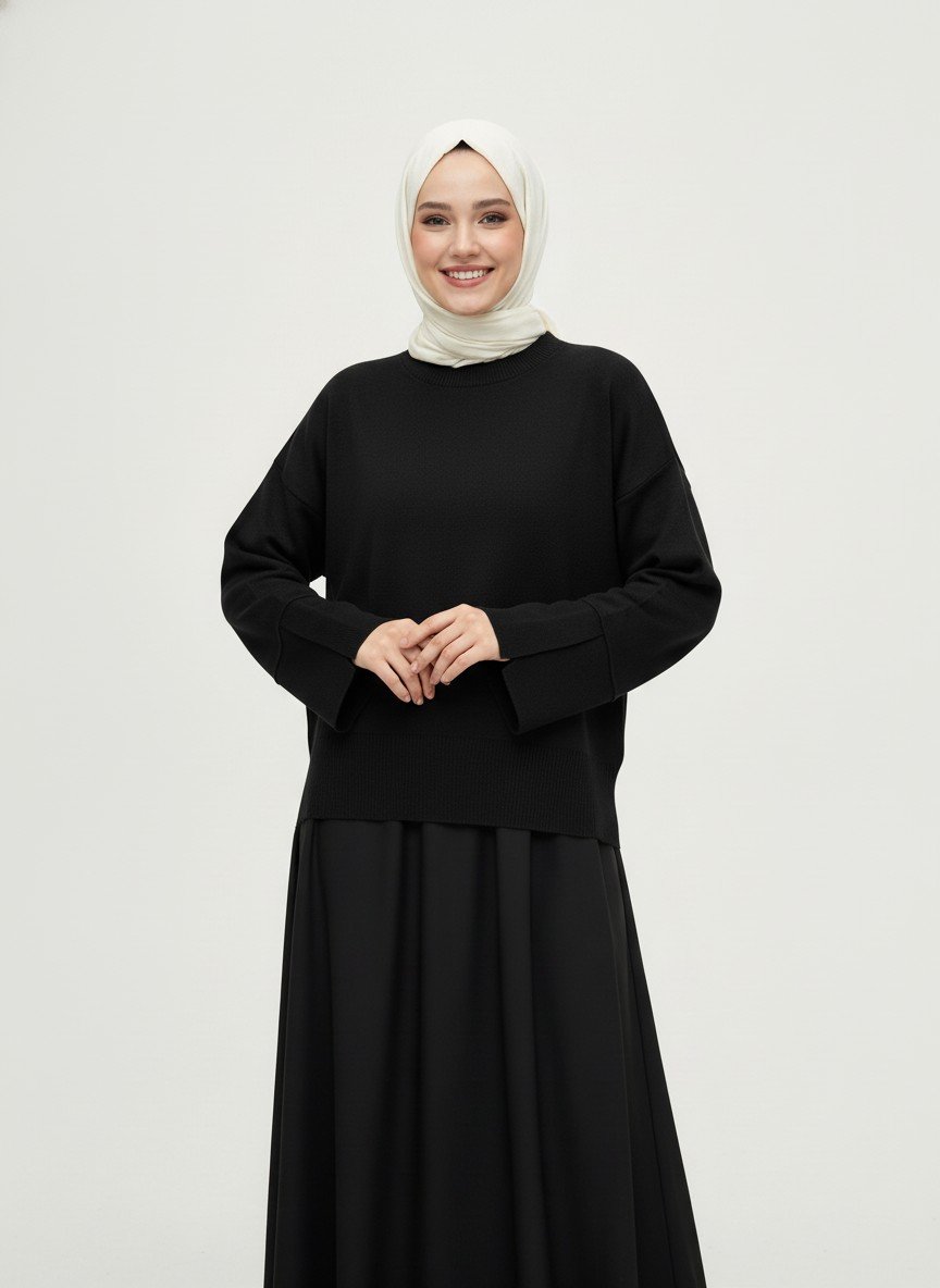 Celyla Kol Ucu Yırtmaçlı Kısa Triko Kazak-KR5021 Siyah