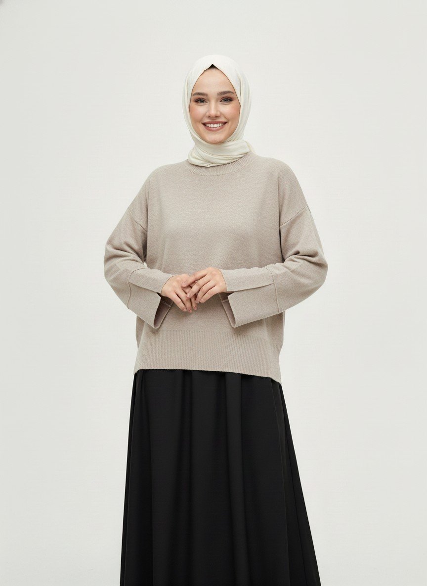 Celyla Kol Ucu Yırtmaçlı Kısa Triko Kazak-KR5021 Taş