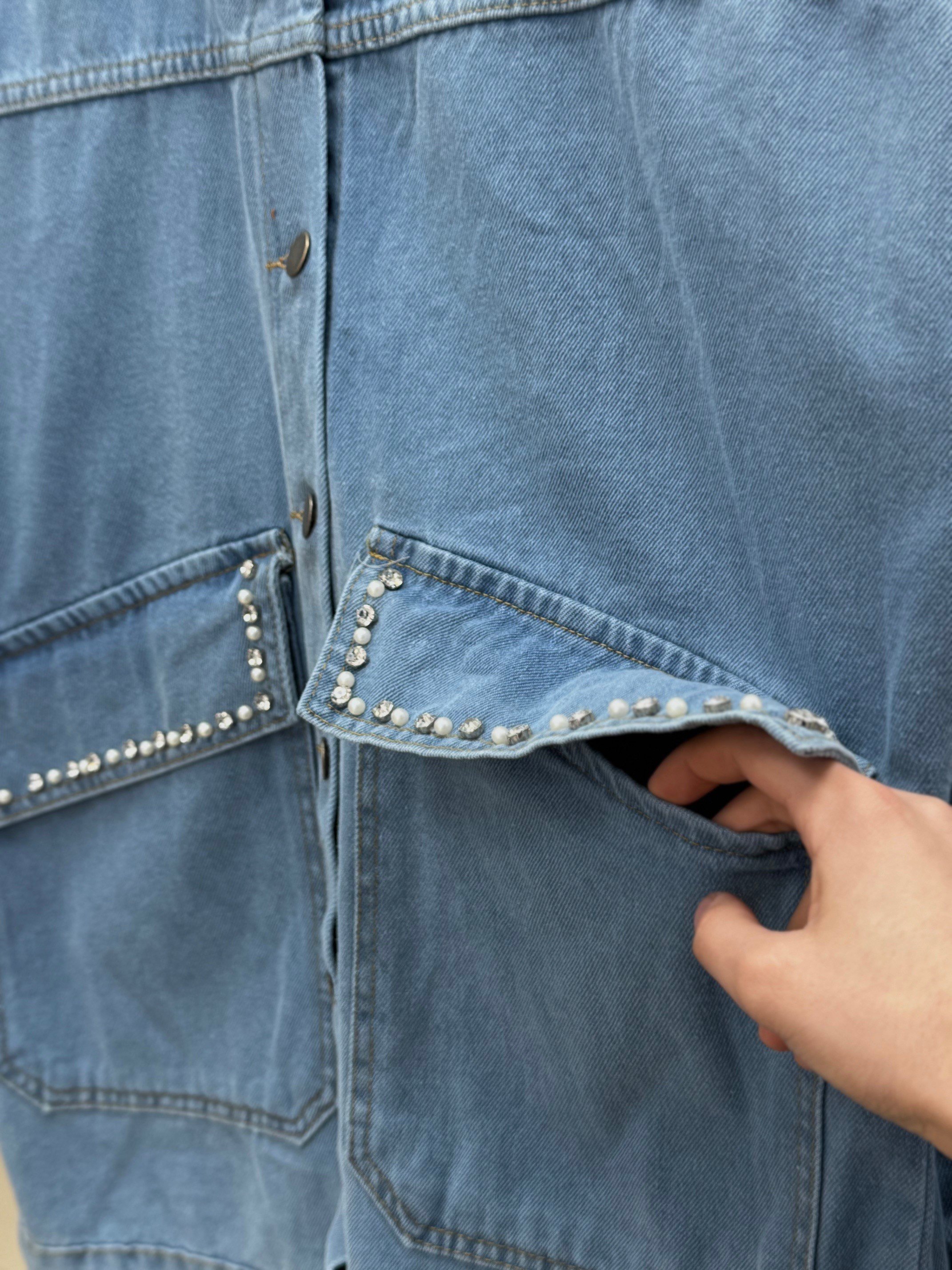 Ceylan Yakası Ve Cebi Taş İşlemeli Kot Ceket-LS1455 Mavi