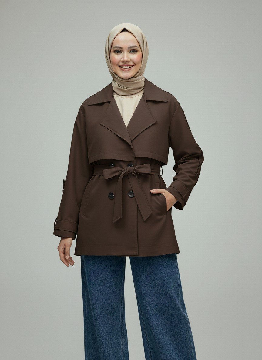 Daria Kol Ucu Kemerli Kapaklı Astarlı Kısa Trenç-KN5522 Kahve