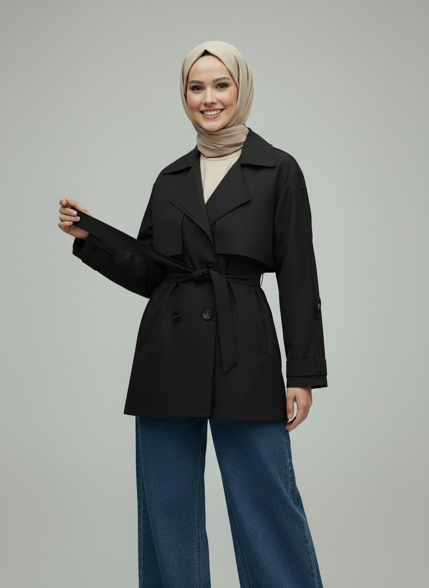 Daria Kol Ucu Kemerli Kapaklı Astarlı Kısa Trenç-KN5522 Siyah