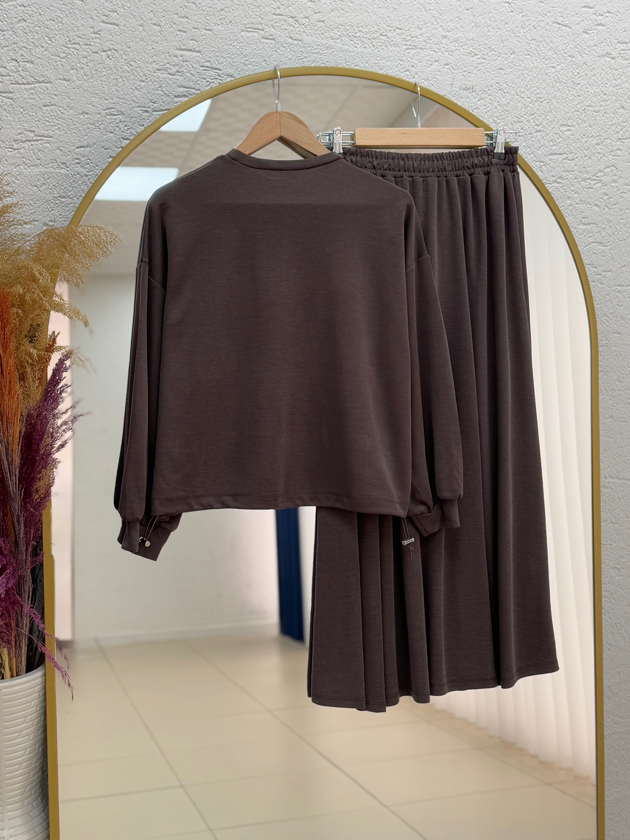 Dariana Kangru Cepli Tuniği Sıkmalı Etekli Takım-NL678 Kahve