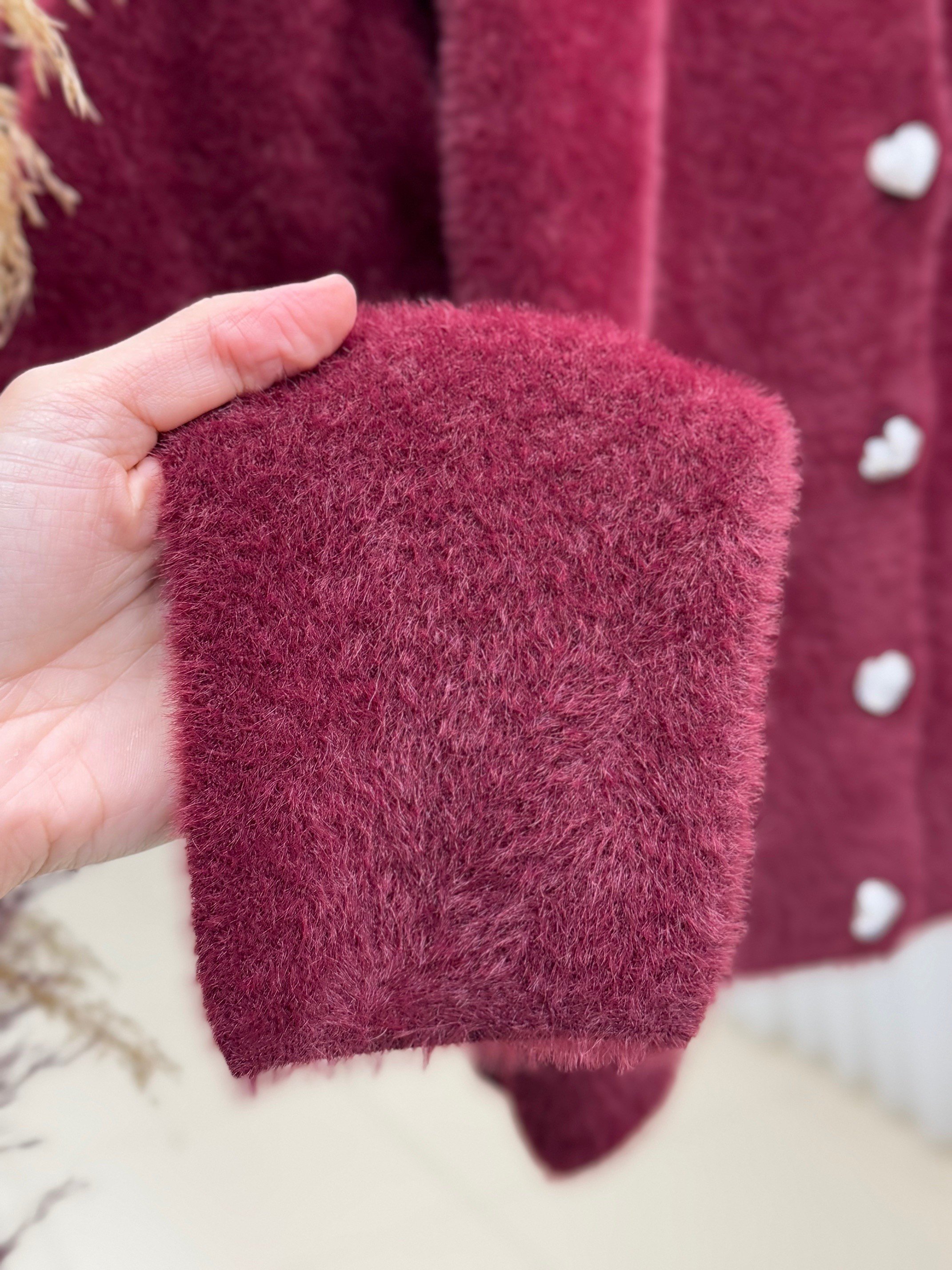 Davuna Kalp Düğmeli Mini Hırka-KR3194 Bordo