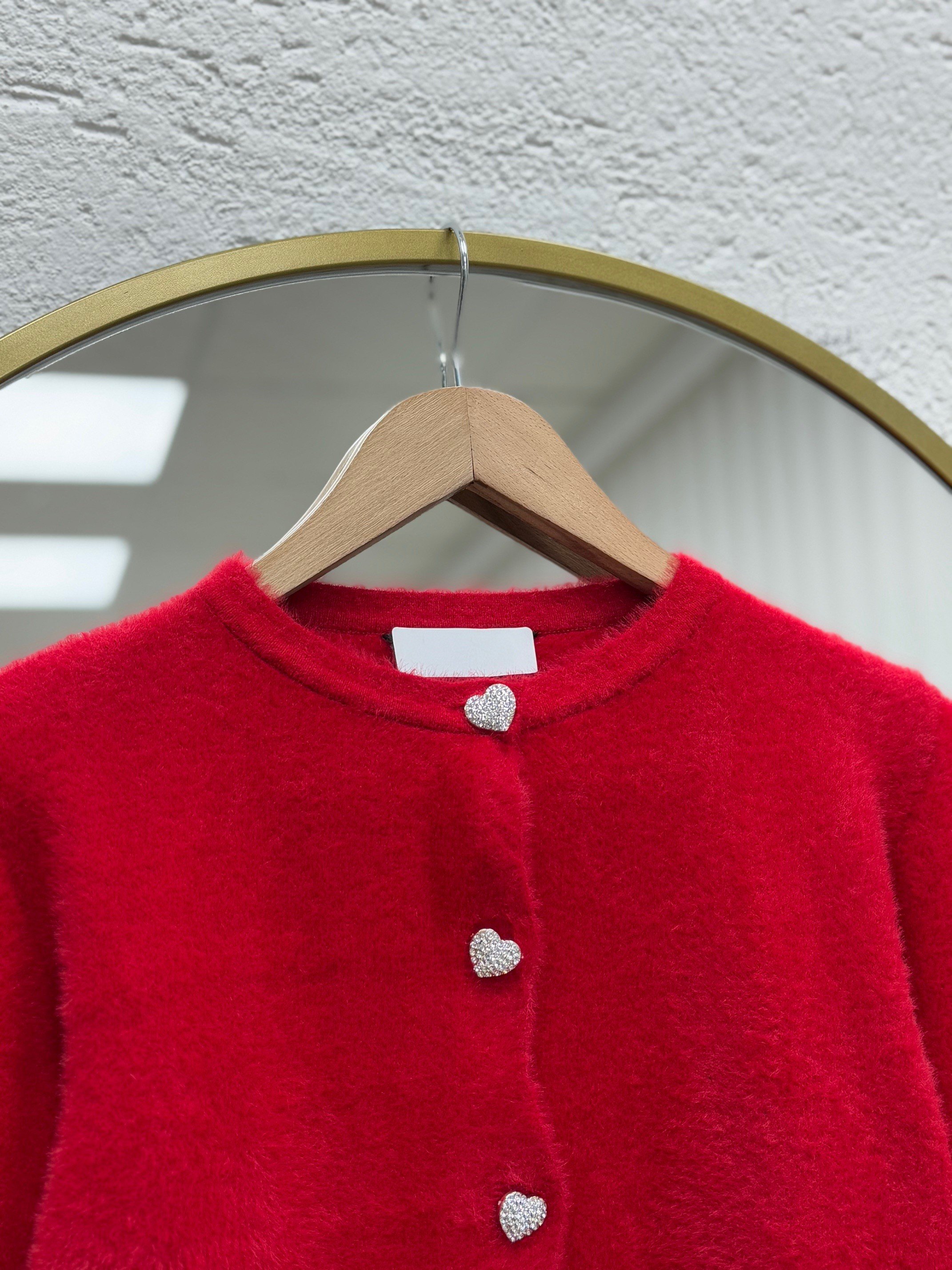 Davuna Kalp Düğmeli Mini Hırka-KR3194 Kırmızı