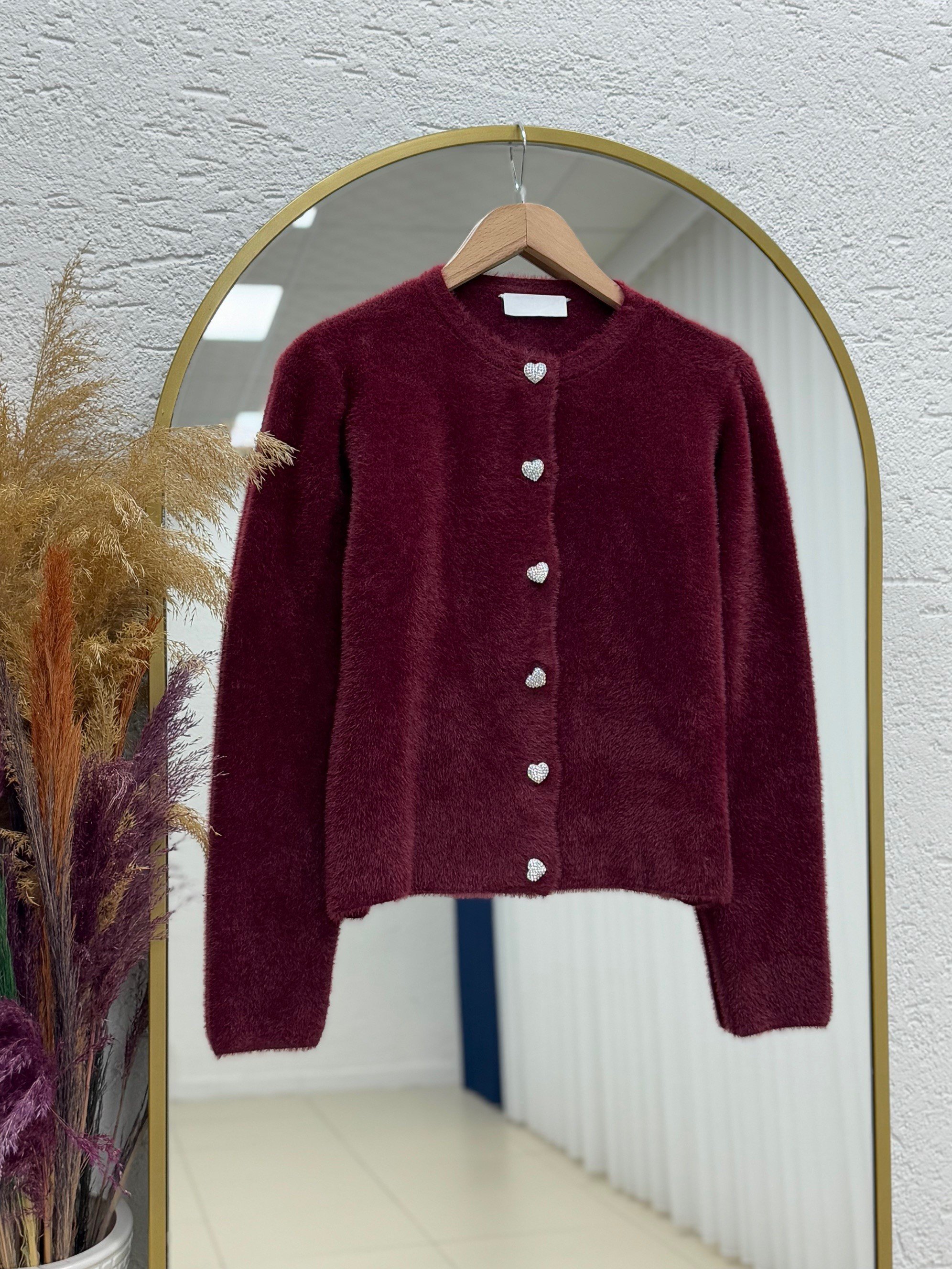 Davuna Kalp Düğmeli Mini Hırka-KR3194 Bordo