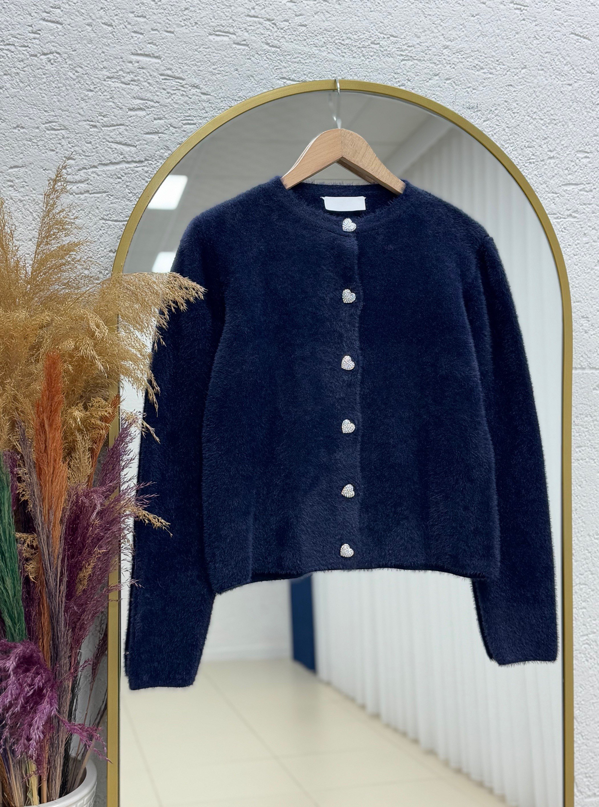 Davuna Kalp Düğmeli Mini Hırka-KR3194 Lacivert