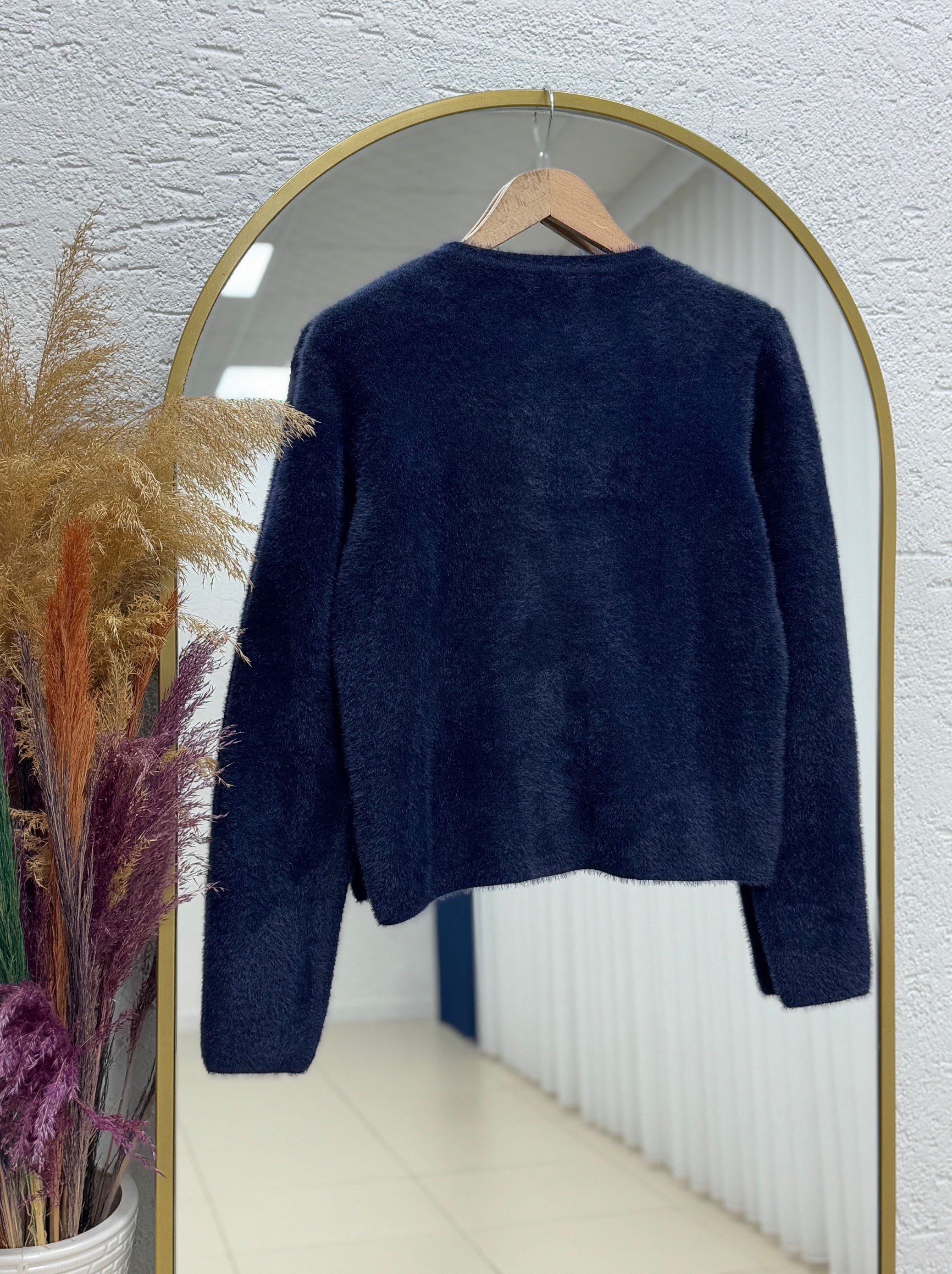 Davuna Kalp Düğmeli Mini Hırka-KR3194 Lacivert