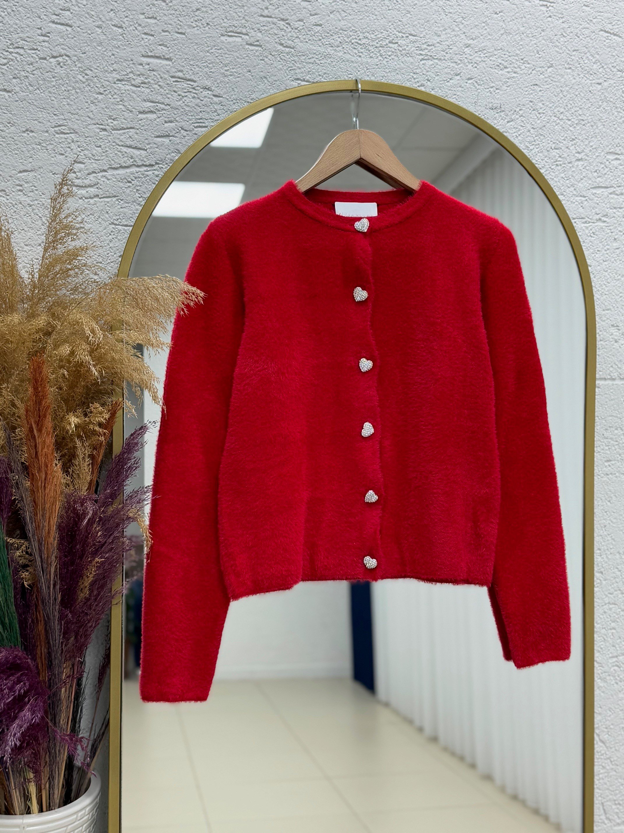 Davuna Kalp Düğmeli Mini Hırka-KR3194 Kırmızı