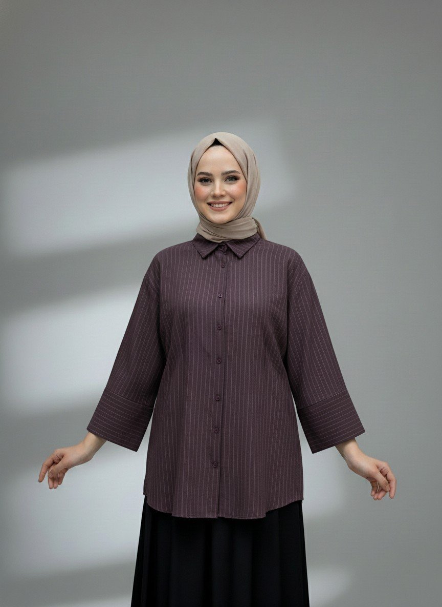 Dayna Çizgili Geniş Kol Süet Gömlek-Çİ513.4 Mürdüm