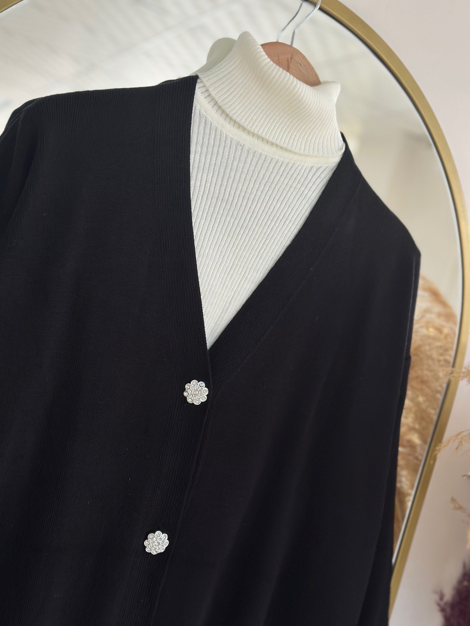 Defne Papatya Düğmeli Uzun Hırka-Zİ6184 Siyah