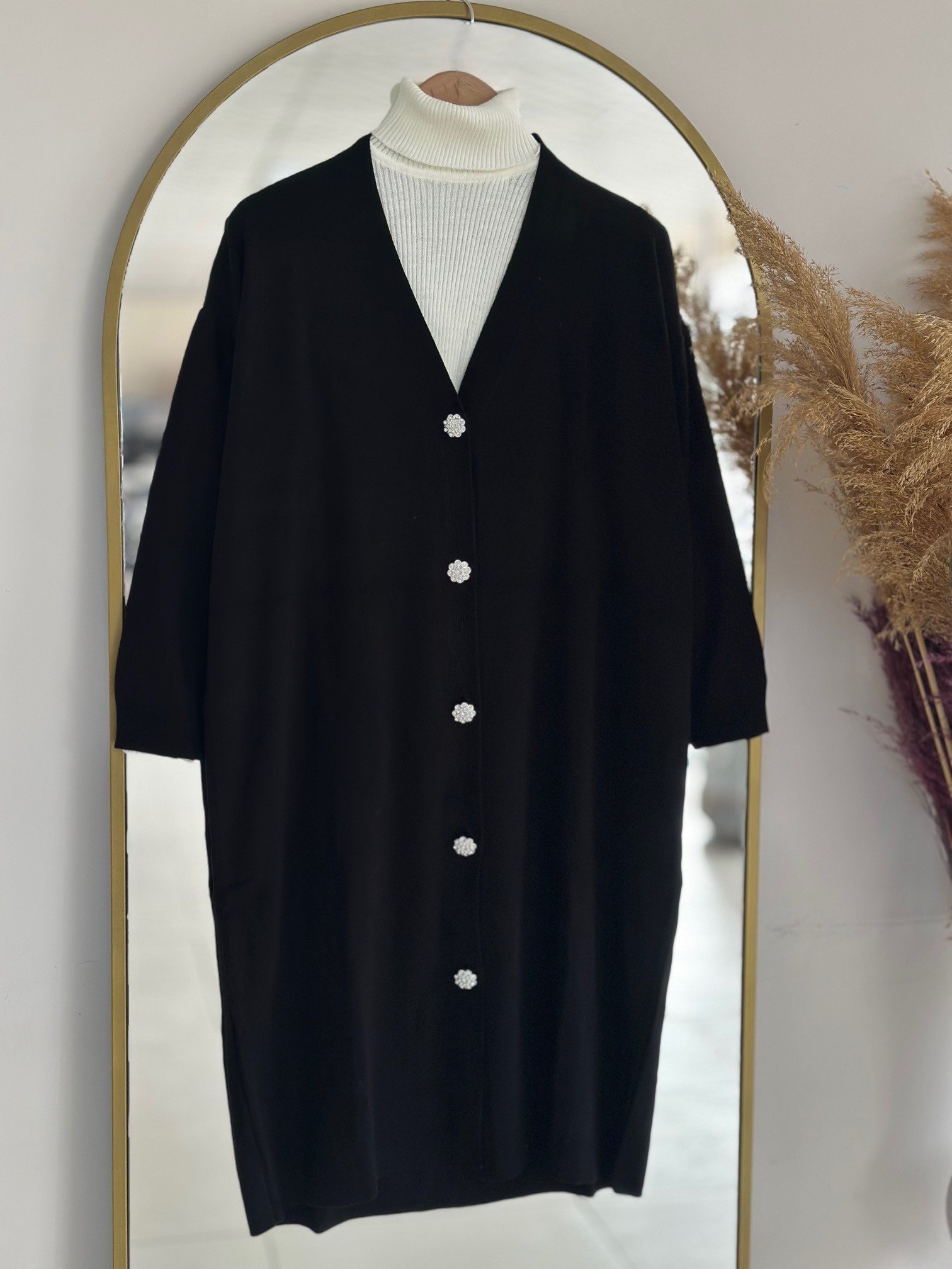 Defne Papatya Düğmeli Uzun Hırka-Zİ6184 Siyah