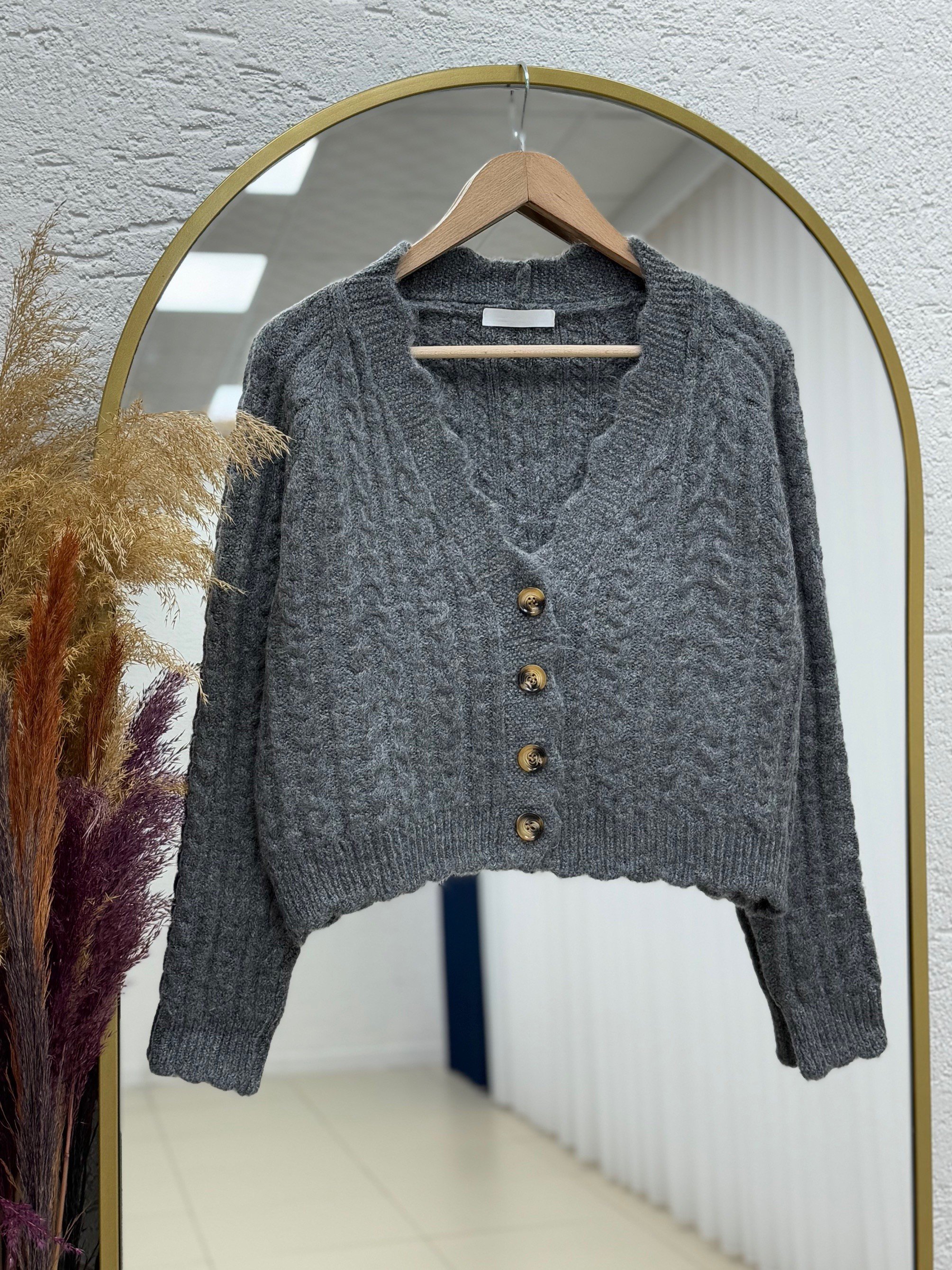 Delera İri Düğmeli Örme Mini Hırka-Zİ7002 Antrasit