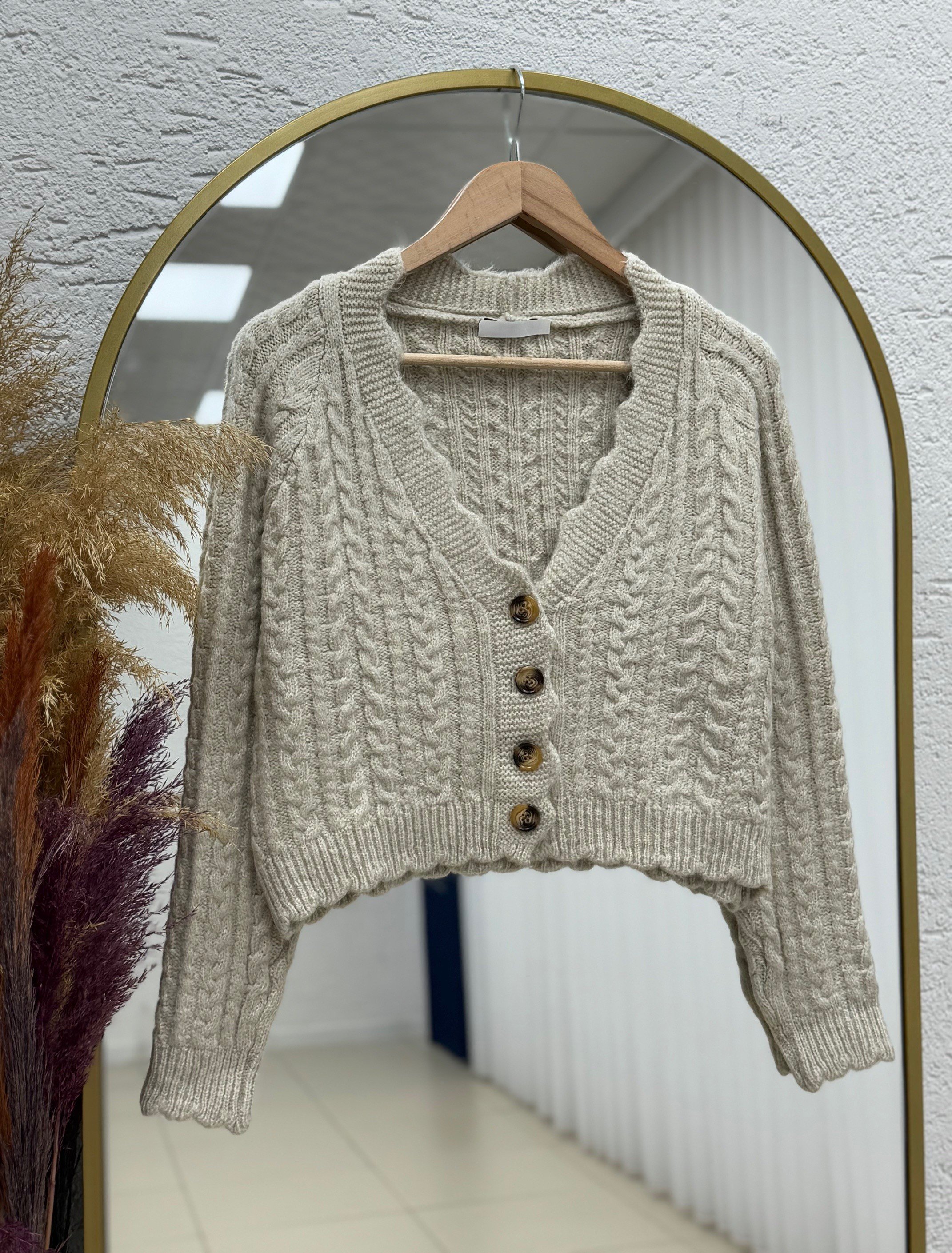 Delera İri Düğmeli Örme Mini Hırka-Zİ7002 Taş