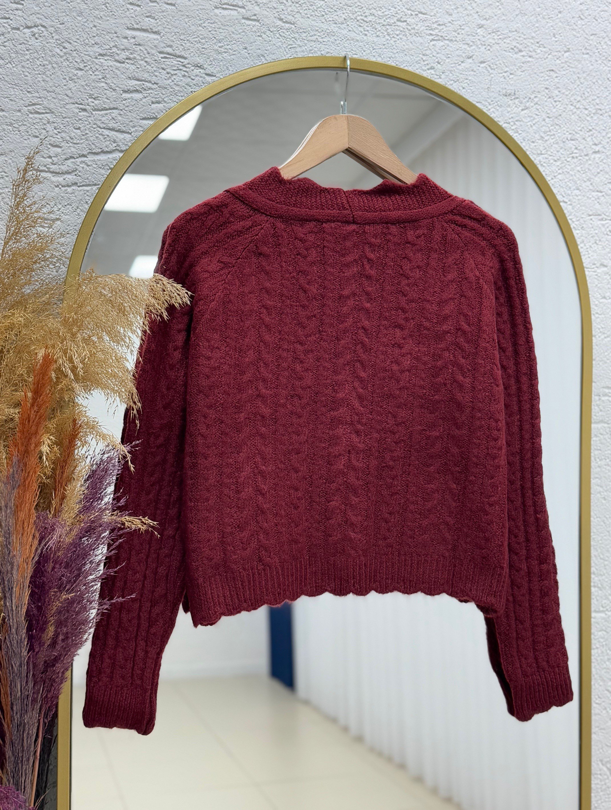 Delera İri Düğmeli Örme Mini Hırka-Zİ7002 Bordo