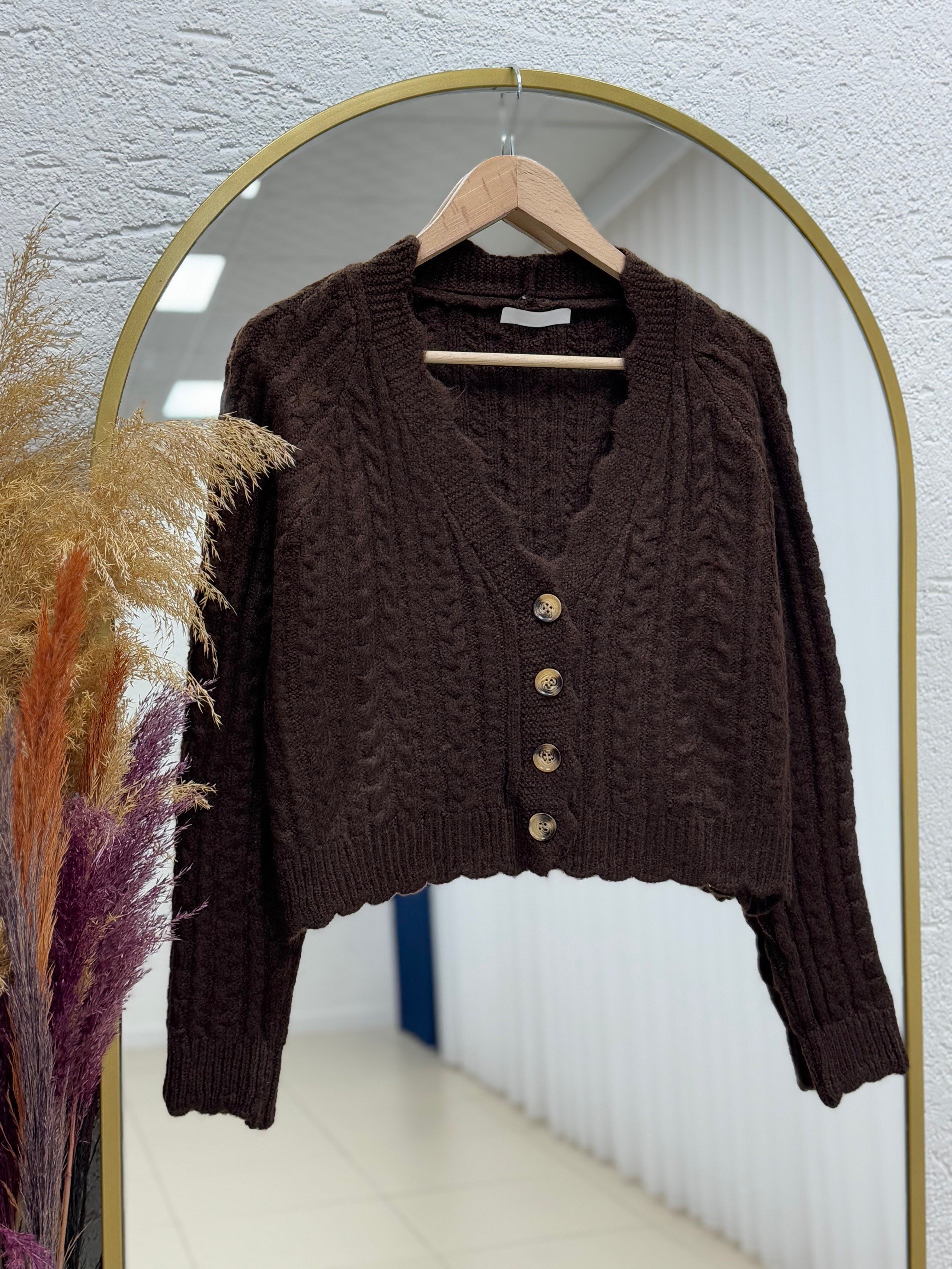 Delera İri Düğmeli Örme Mini Hırka-Zİ7002 Kahve