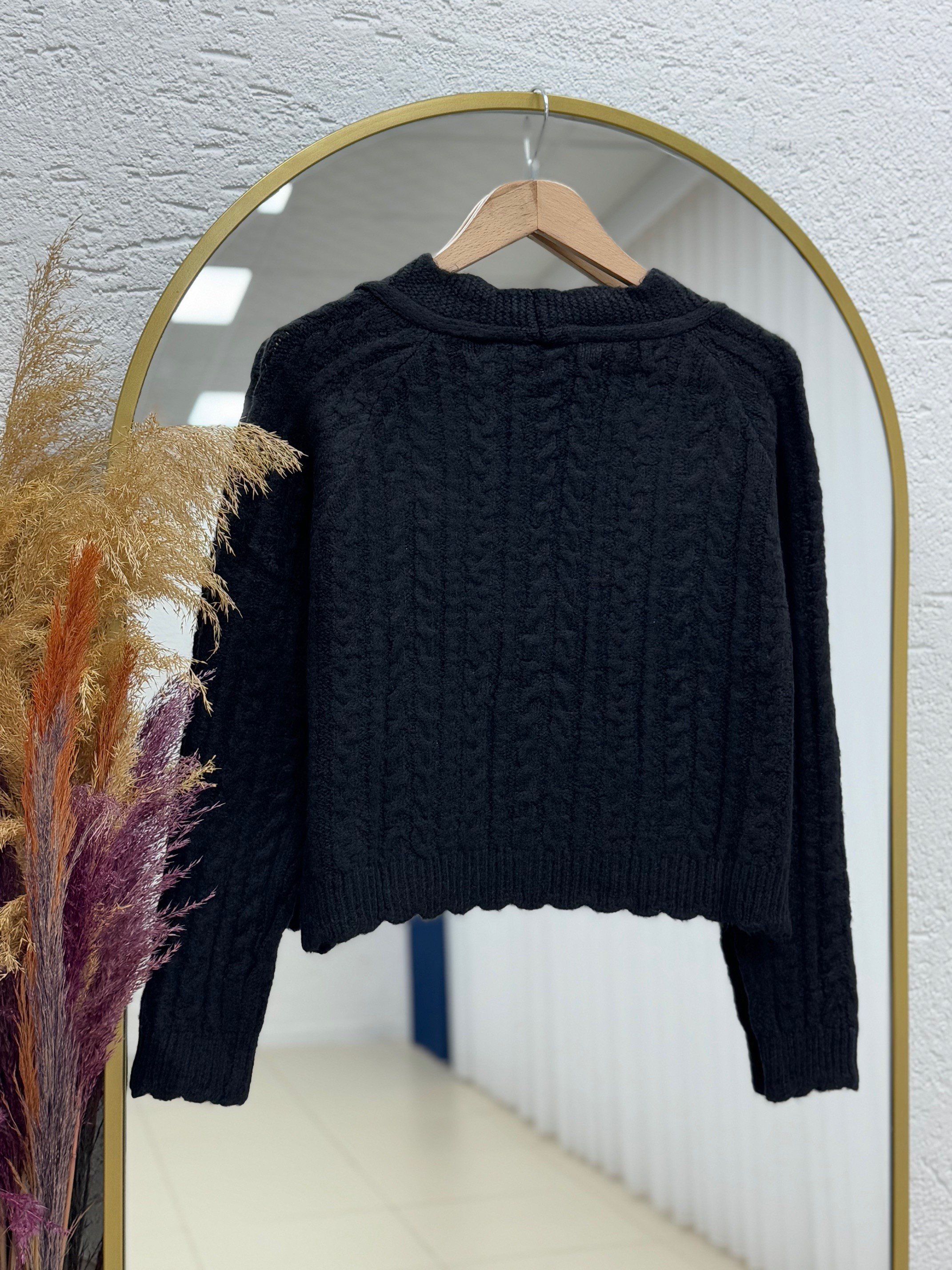 Delera İri Düğmeli Örme Mini Hırka-Zİ7002 Siyah