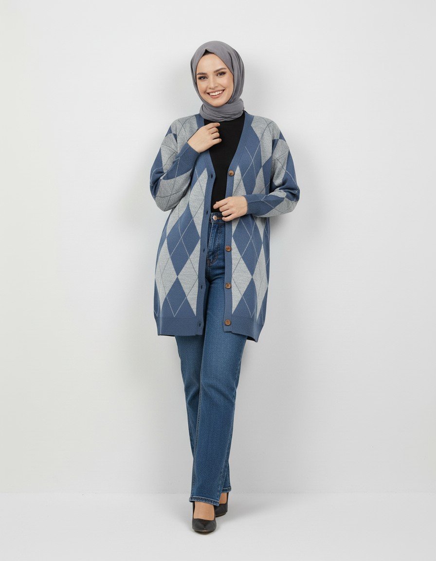 Delesia Baklava Desen Düğmeli Hırka-Zİ5554 İndigo