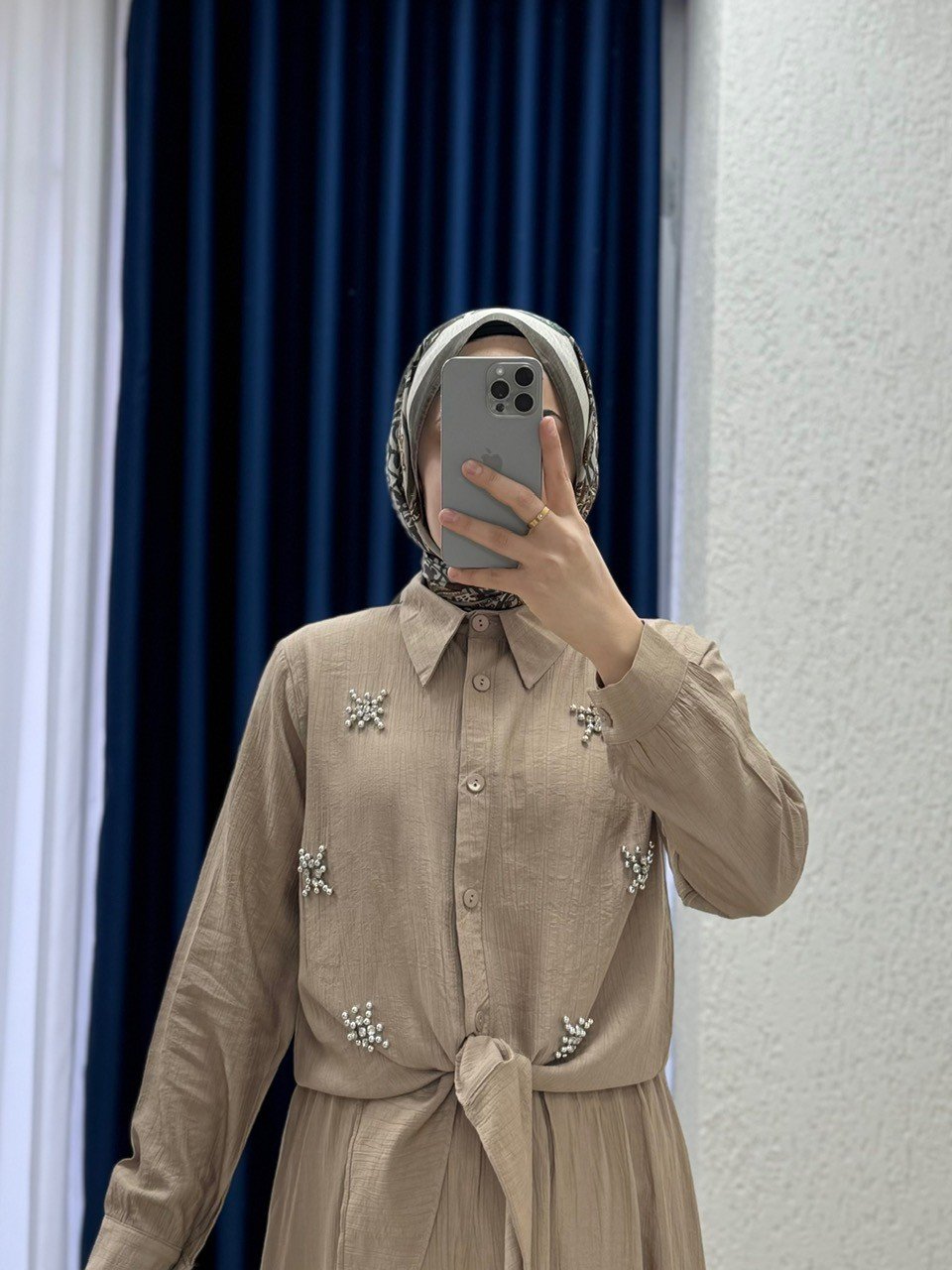 Dilfuruz Gömleği Taşlı ve Bağlamalı Etekli Takım-MF510 Vizon