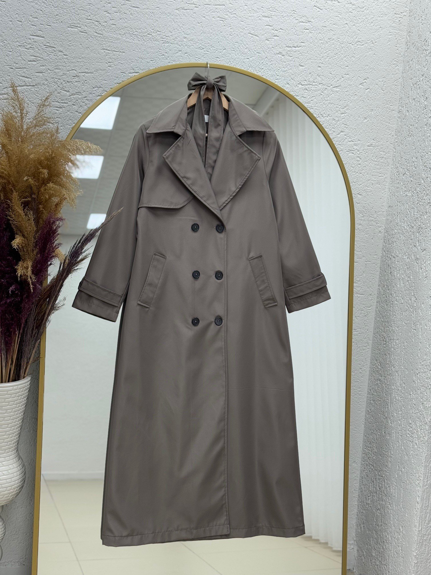 Doresia Düğmeli Bağlamalı Uzun Trenç-ZŞ6003 Vizon